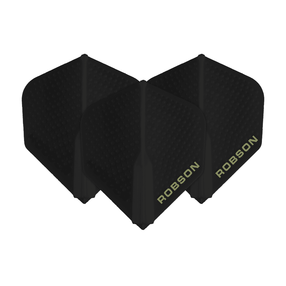 Robson Plus Dimple Flights - Black Das Bild zeigt drei schwarze Robson Plus Dimple Flights für Dartpfeile. Auf den Flights steht der Schriftzug "ROBSON" in heller Farbe.