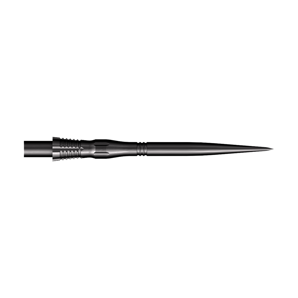 Shot Cone Scallop Steel Dart Tips - Black - 35mm Das Bild zeigt eine schwarze Steeldart-Spitze mit dem Namen "Shot Cone Scallop". Die Spitze ist 35 mm lang und hat eine schlanke, gezackte Form.