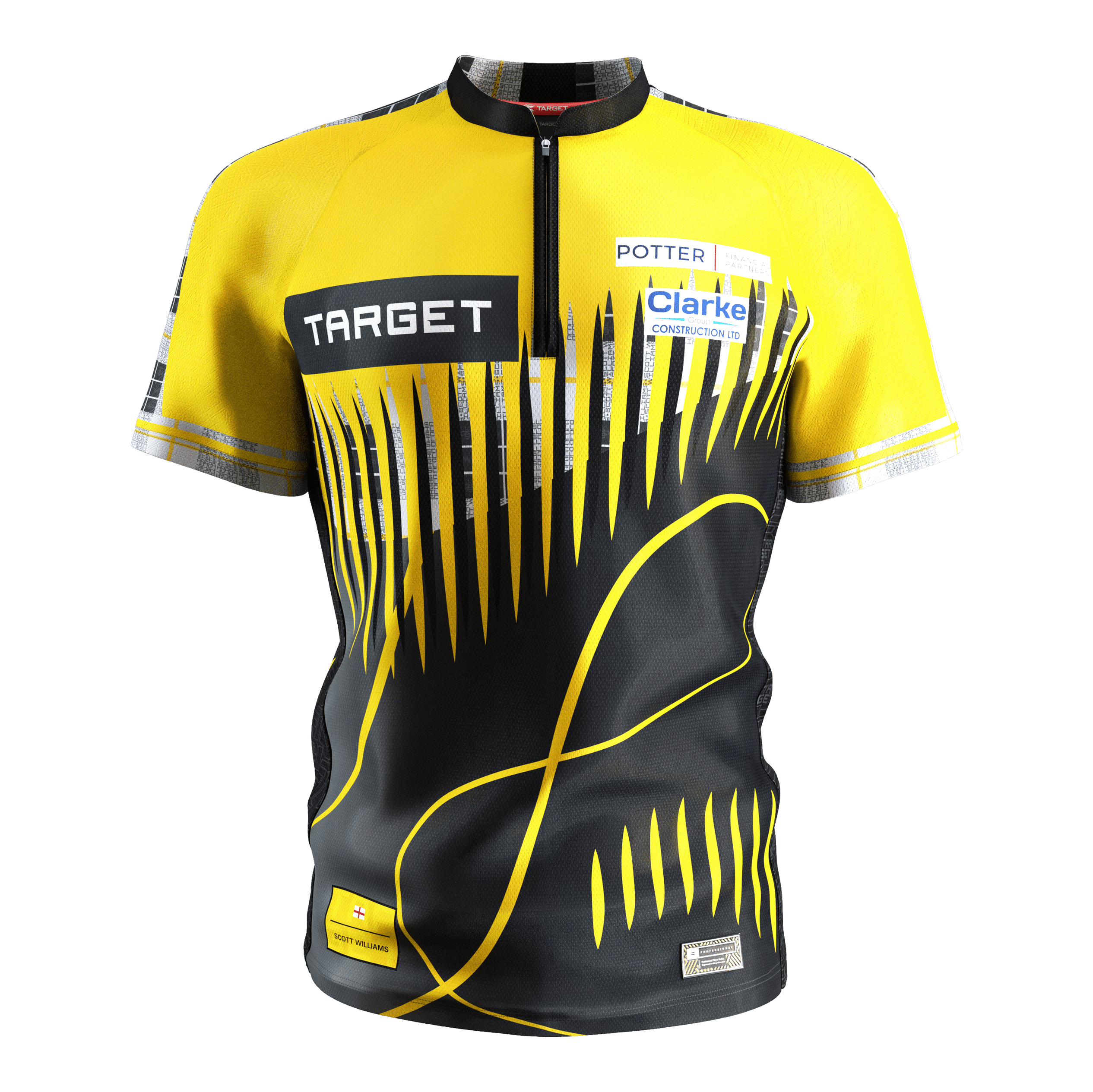 Target Coolplay Scott Williams 2025 dart shirt Das Bild zeigt ein Dartshirt in den Farben Gelb und Schwarz mit auffälligem modernem Muster. Auf dem Shirt sind mehrere Sponsorenlogos, darunter "TARGET", zu sehen.