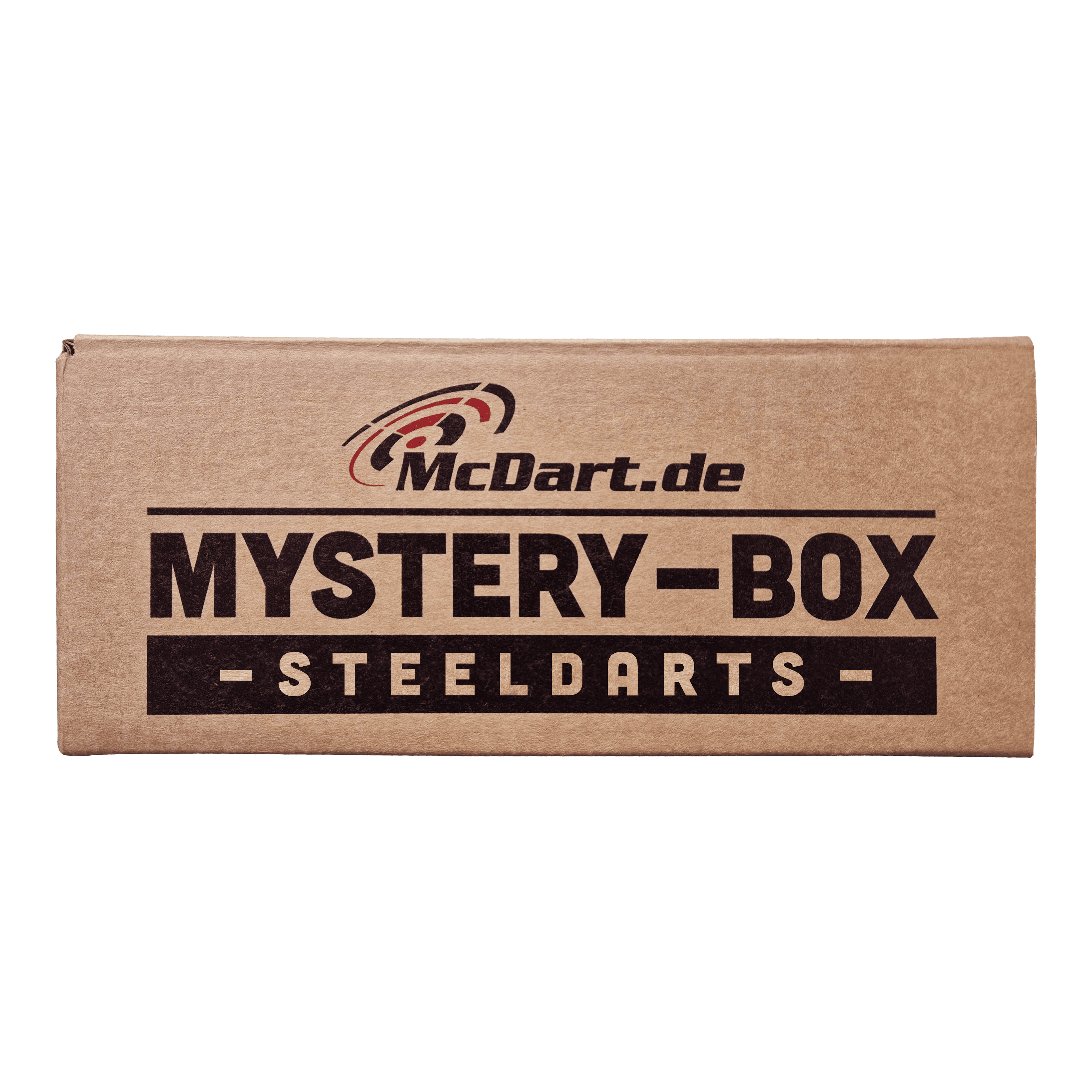 Phil Taylor Mystery Soft Dart Fan Box Auf dem Bild ist eine braune Box mit der Aufschrift "McDart.de Mystery-Box Steeldarts" zu sehen. Es handelt sich um eine Überraschungsbox für Steeldart-Fans.