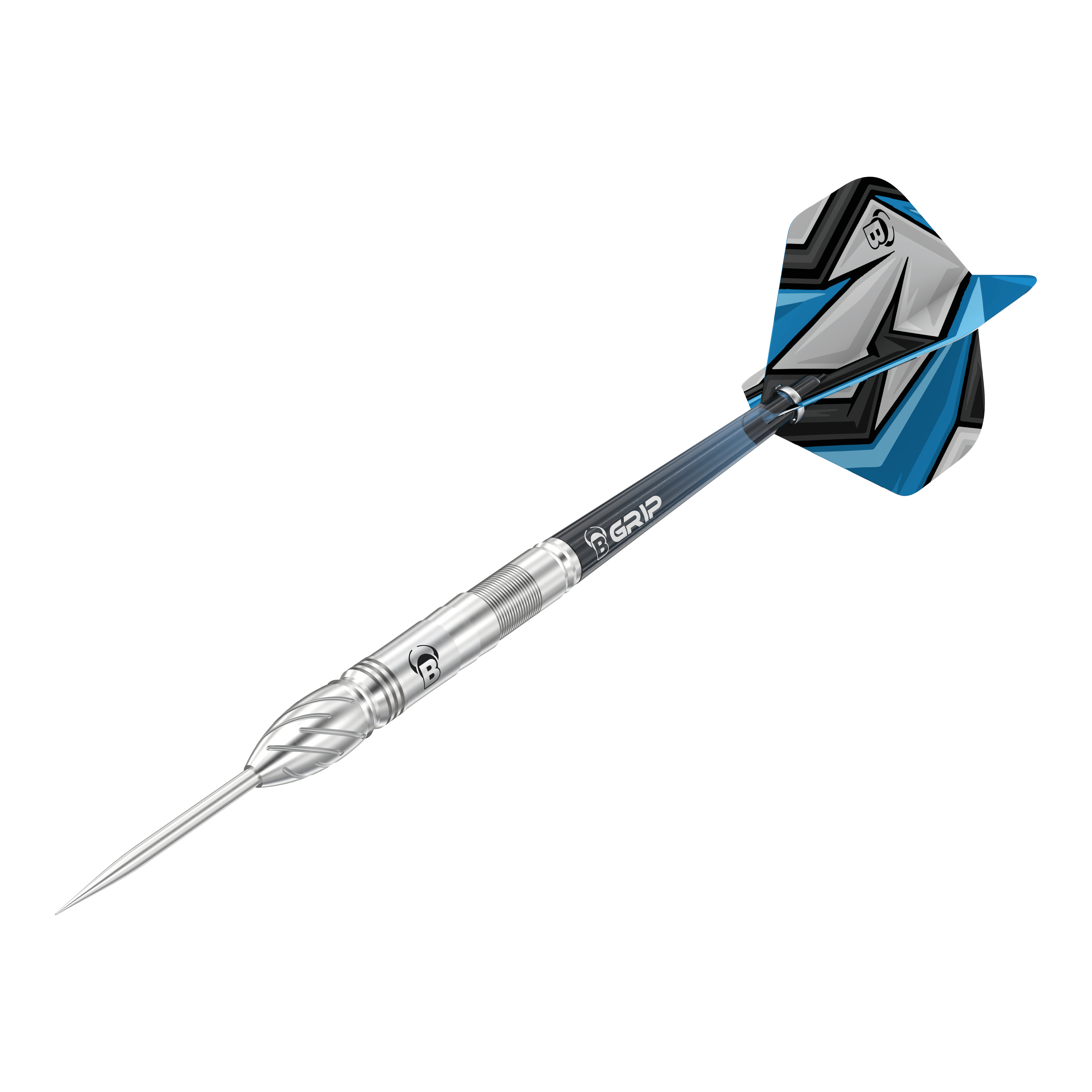 Bulls Stone S1 Steeldarts Das Bild zeigt einen Bulls Stone S1 Steeldart. Der Dartpfeil hat eine silberne Spitze und einen Schaft mit blauen und schwarzen Akzenten am Flight.