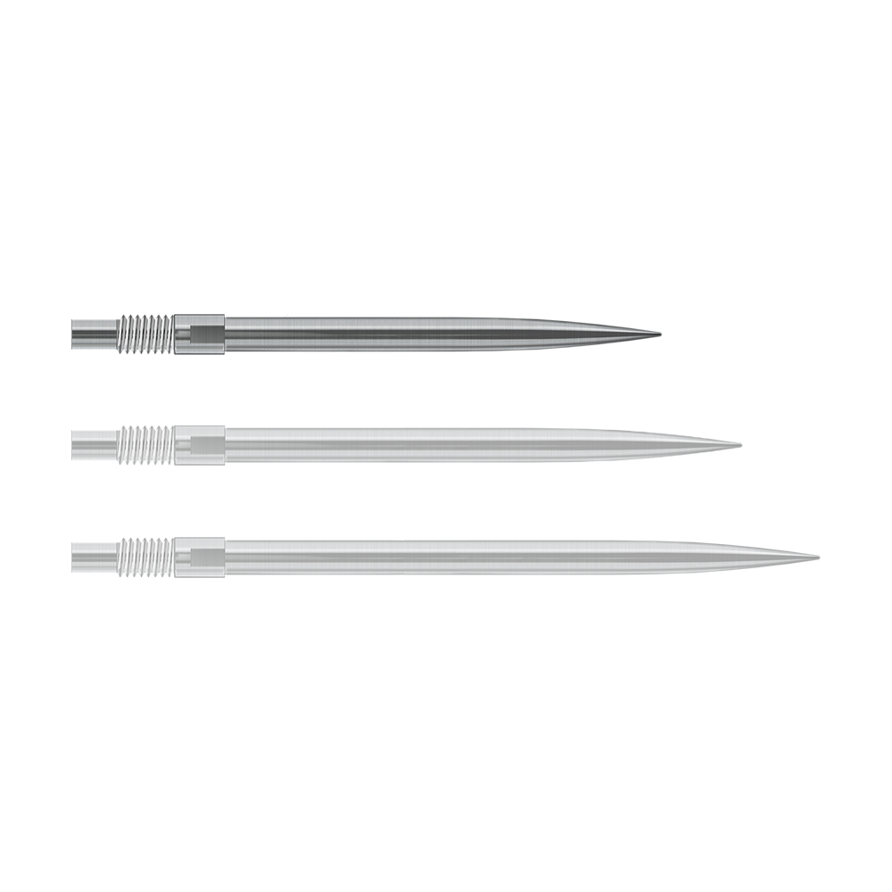 Harrows Quick Point Dart Tips - Silver Abgebildet sind Harrows QuickPoint Dartspitzen in Silber, 30mm lang. Das Foto stellt das Produkt aus einer anderen Perspektive dar.