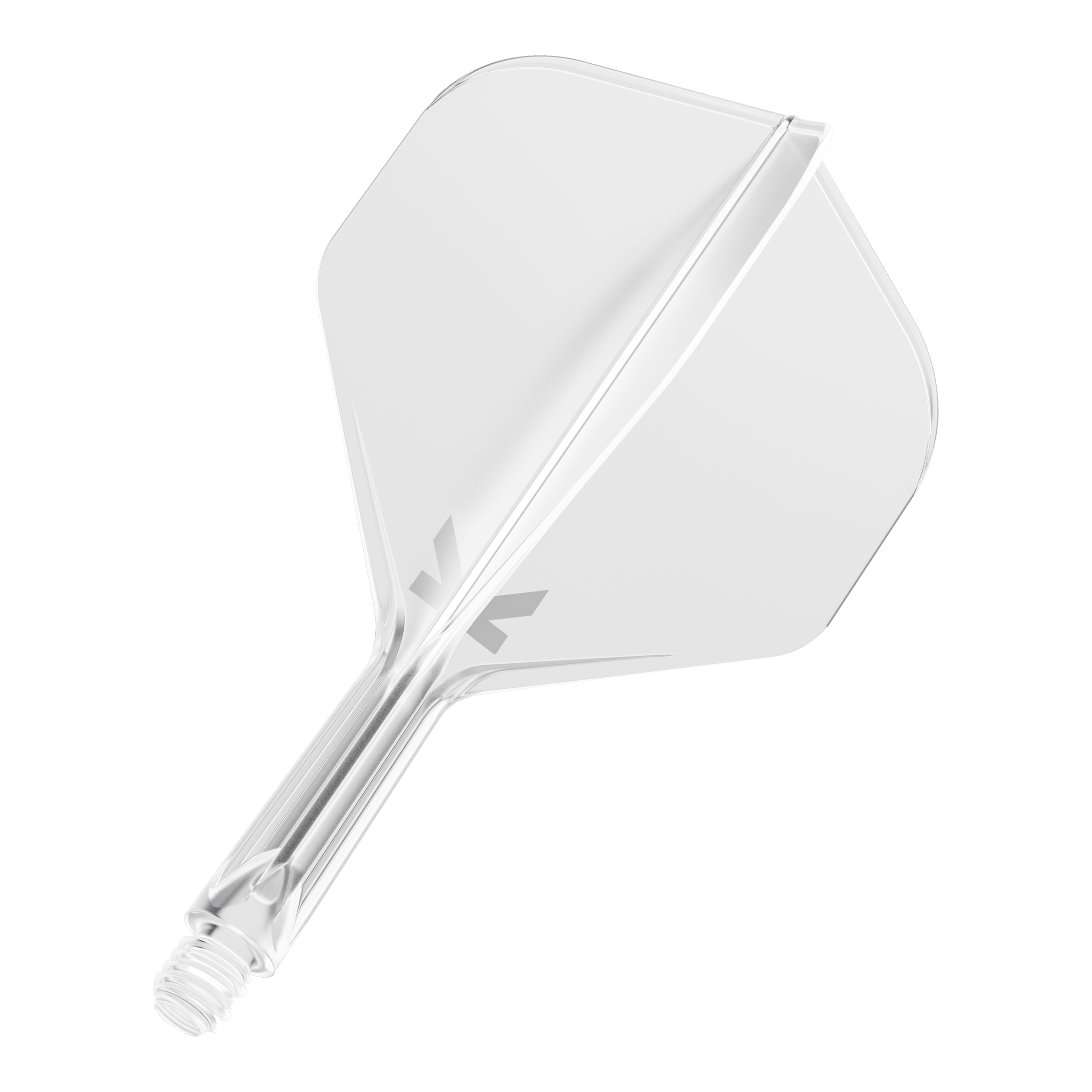 Target K-Flex No2 Standard Flight System - Clear Das Bild zeigt einen durchsichtigen Dartflug mit integriertem Schaft. Das Design ist schlicht und klar, mit einem kleinen grauen Logo am Schaftansatz.