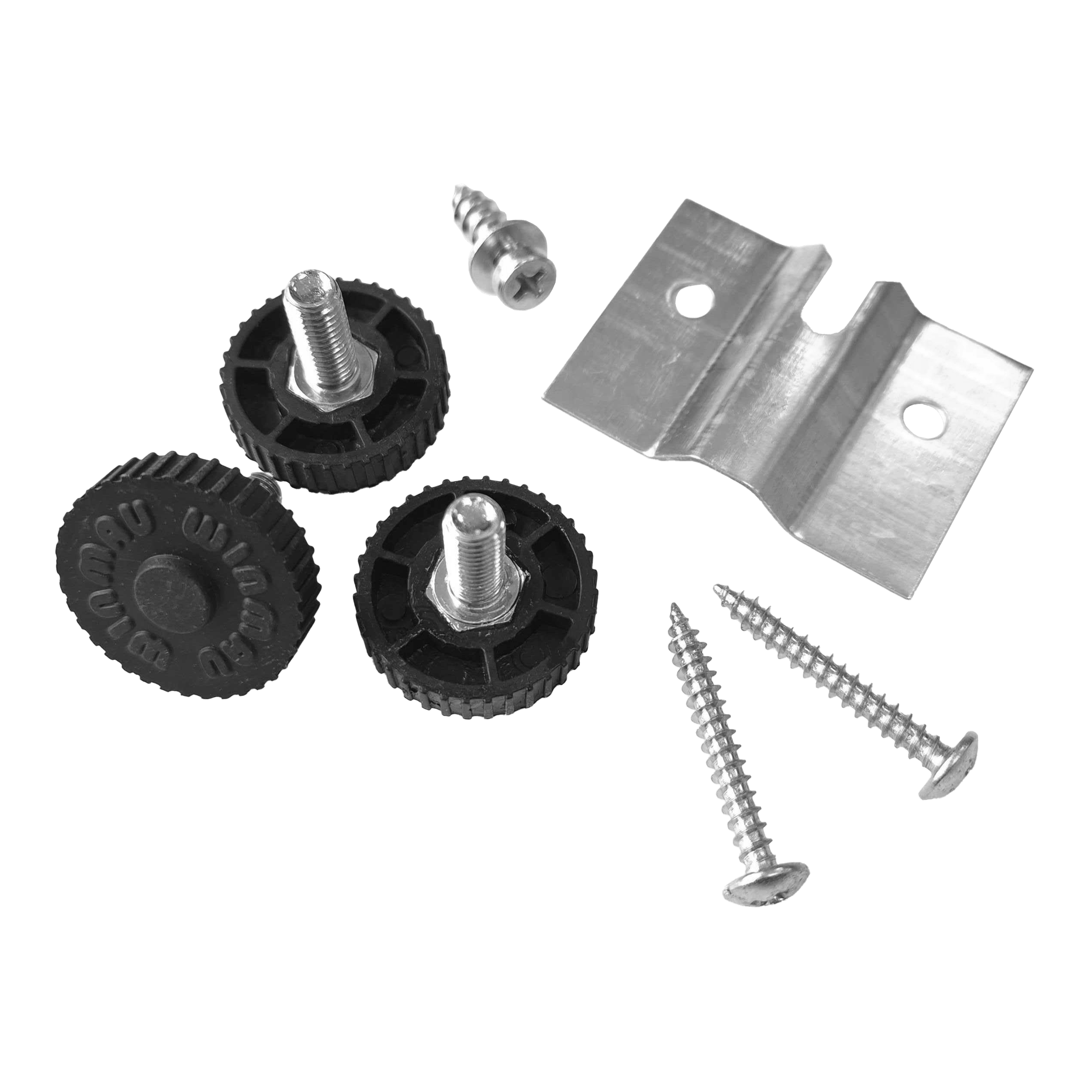 Winmau Rota-Lock Blade 6 wall mount Das Bild zeigt den Winmau Rota-Lock Blade 6 Wandhalterungssatz mit Schrauben, Metallhalterung und schwarzen Befestigungsrädern. Dieses Set wird zur sicheren Wandbefestigung eines Dartboards verwendet.