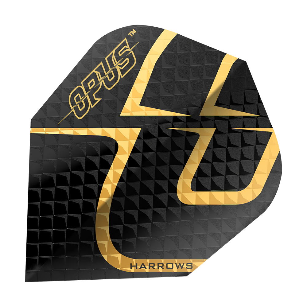 Harrow's Opus Version 2 Flights Das Bild zeigt das Produkt "Harrows Opus Version 2 Flights". Die Darts-Flight ist schwarz mit einem goldenen Muster und dem Schriftzug "OPUS" und "HARROWS".