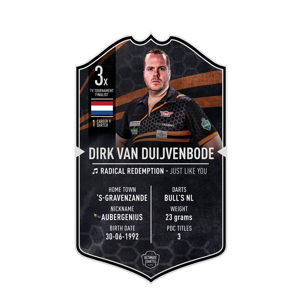 Ultimate Darts Card - Dirk Van Duijvenbode Die Abbildung zeigt eine Ultimate Darts Card von Dirk Van Duijvenbode. Auf der Karte stehen Informationen wie sein Spitzname "Aubergenius", seine Heimatstadt ’s-Gravenzande und sein Geburtsdatum, 30.06.1992.