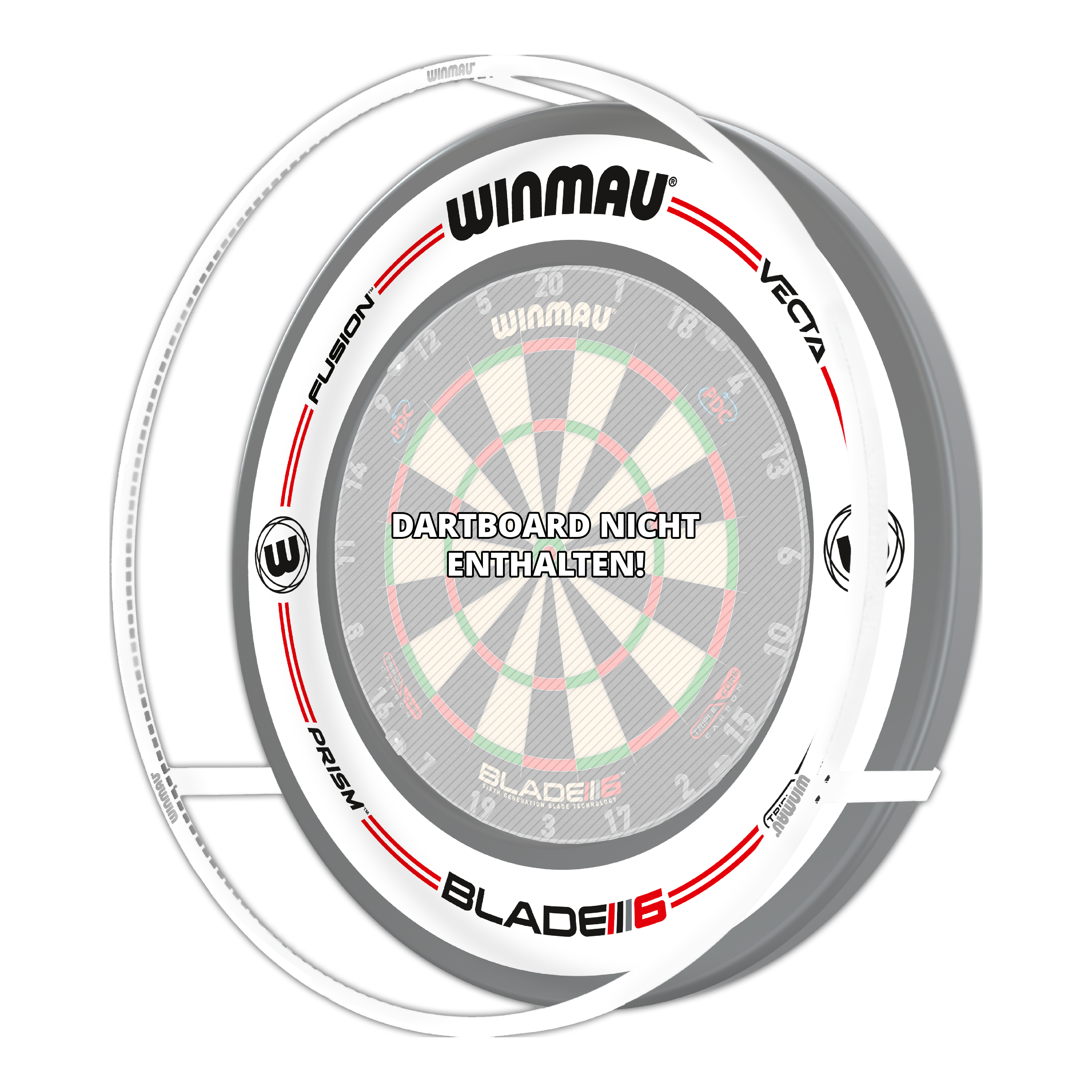 Das Bild zeigt das Winmau Plasma Ice LED Beleuchtung und Surround Bundle für Dartboards. In der Mitte steht: "Dartboard nicht enthalten!"