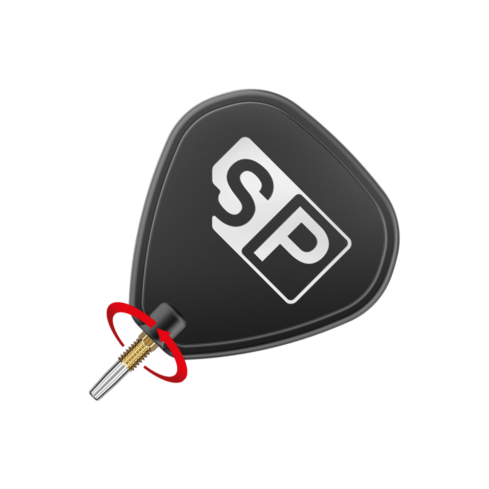 Target Swiss Point RVE dart tips - Gold Das Bild zeigt eine Dartspitze mit einem schwarzen Flight, auf dem "SP" steht. Ein roter Pfeil deutet auf eine Drehbewegung an der goldenen Spitze hin.