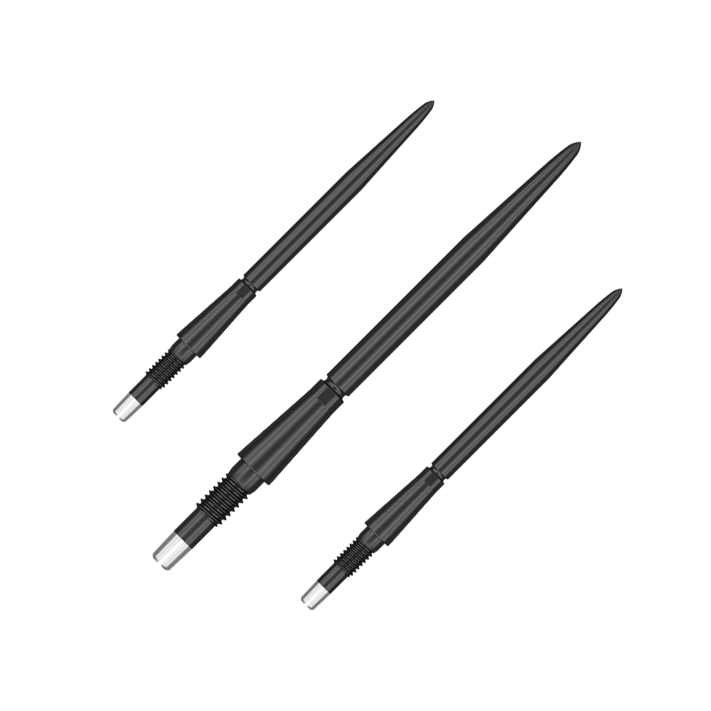 Target Swiss Storm Point Dart Tips - Black Auf dem Bild sind drei schwarze Dartspitzen zu sehen. Sie sind lang, schmal und haben ein glänzendes, metallisches Ende.