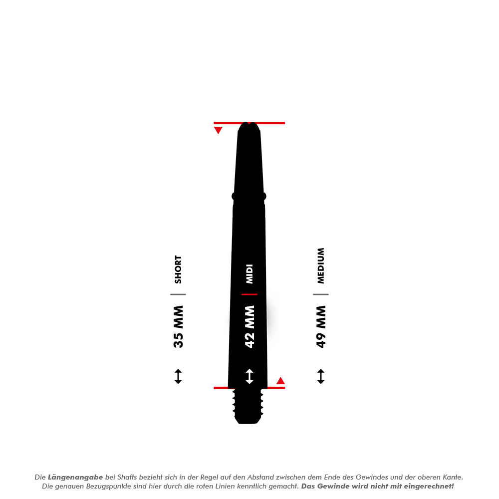 _Harrows_Carbon_360_Shafts_5_42mm29gjepPhijpB1 Das Bild zeigt eine Dartshaft mit drei verschiedenen Längenangaben: 35 mm (Short), 42 mm (Midi) und 49 mm (Medium). Die Messpunkte für die Längen sind durch rote Linien markiert, und das Gewinde wird nicht mit einberechnet.