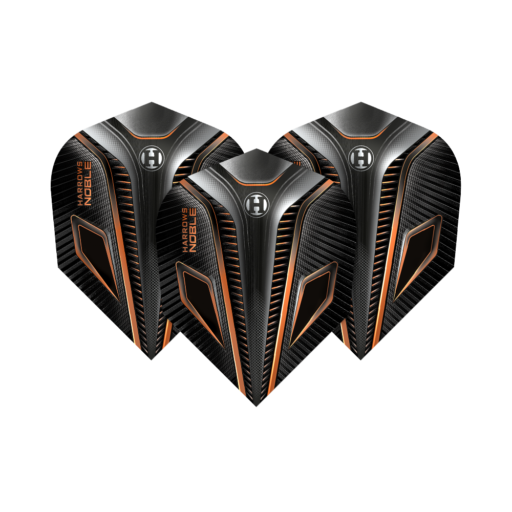 HR5_Harrows_Noble_Rich_Gold_Standard_Flights_1Vod1kggTQ5SIh Das Bild zeigt drei Harrows Noble Rich Gold Standard Flights. Die Flights sind schwarz mit goldenen und orangefarbenen Akzenten gestaltet.