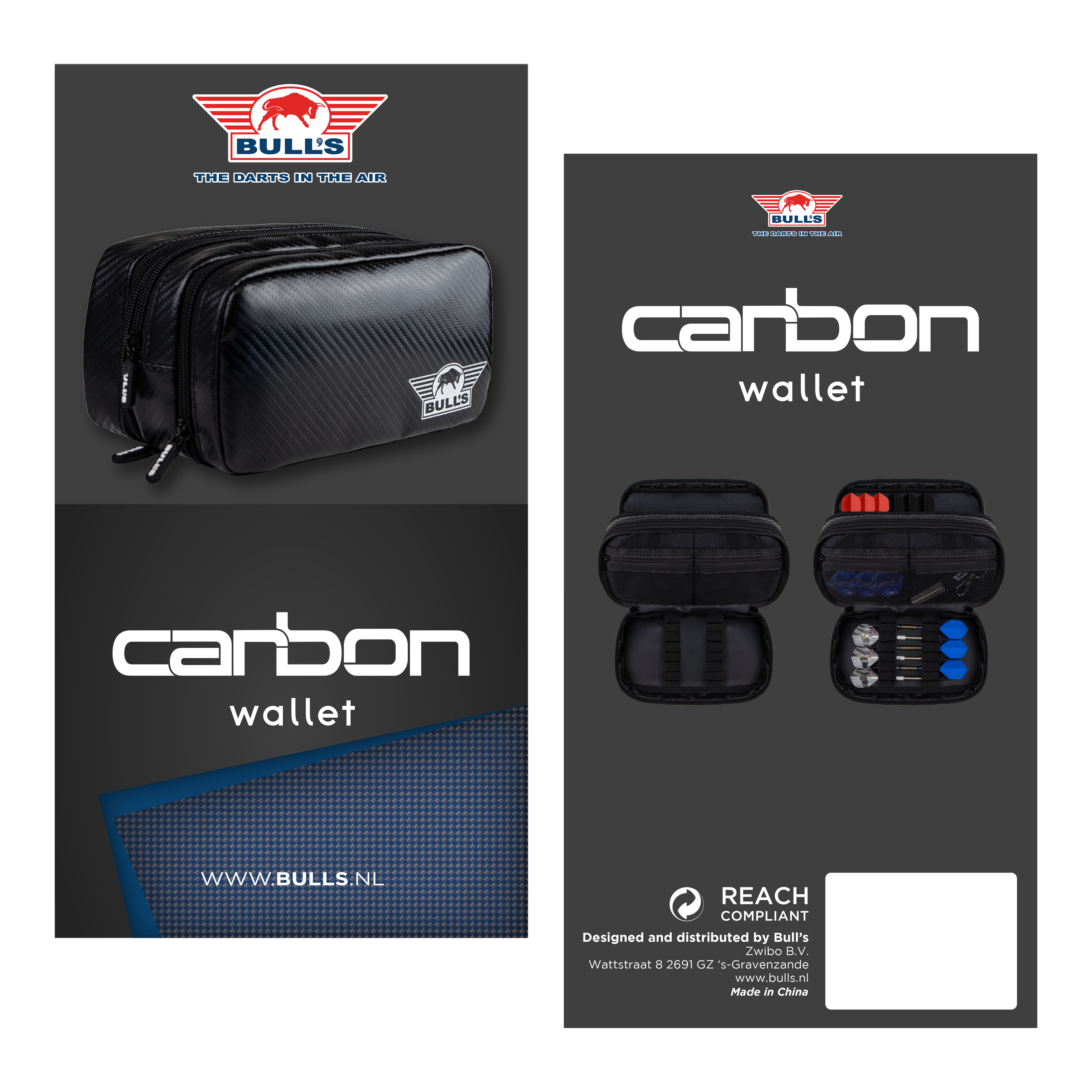 Auf dem Foto ist das Bulls NL Carbon Wallet zu sehen. Es handelt sich um ein hochwertiges Dart-Accessoire zur Aufbewahrung.
