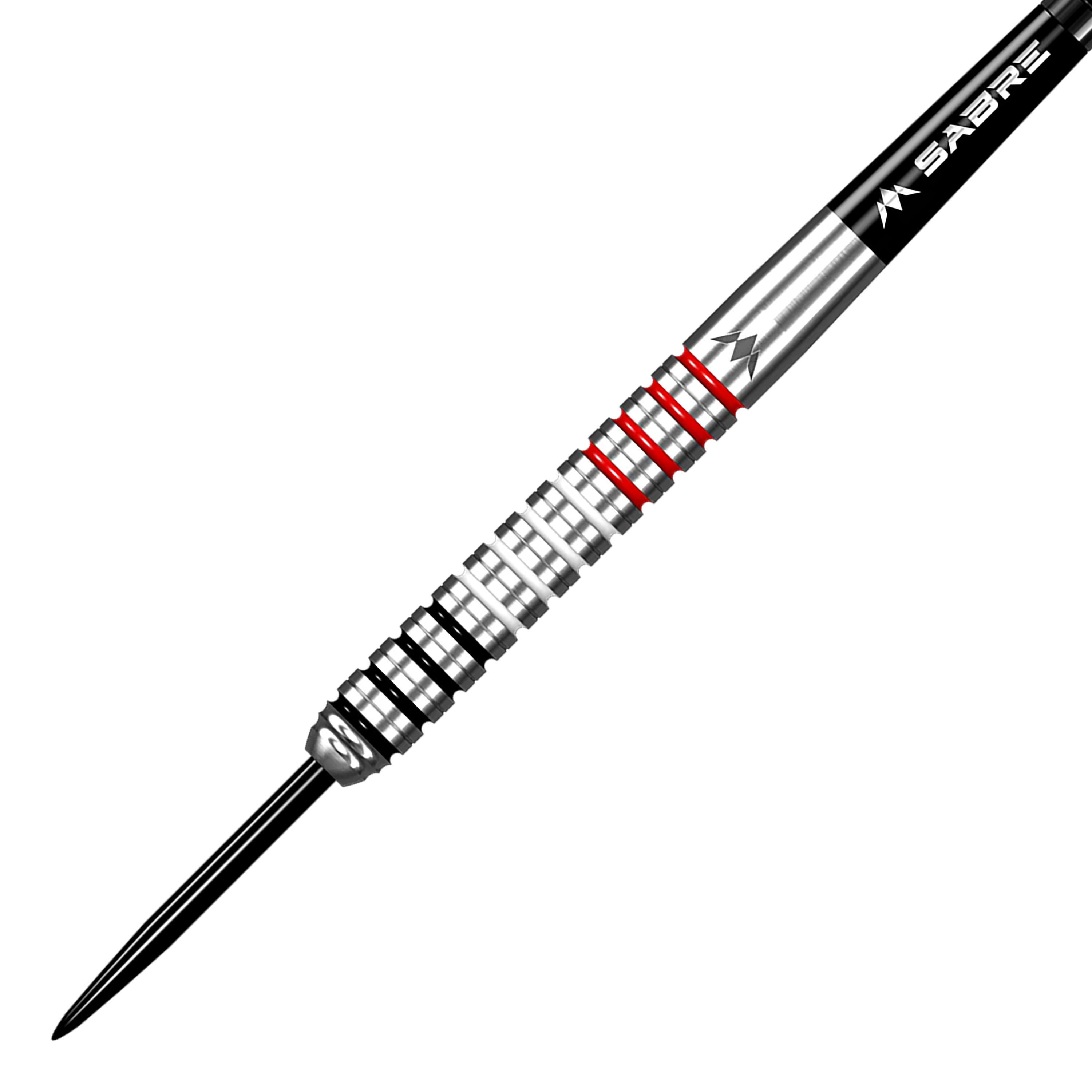 Mission Wessel Nijman steel darts - 23g Das Bild zeigt einen Mission Wessel Nijman Steeldart mit einem Gewicht von 23 Gramm. Der Dart hat ein silbernes Barrel mit schwarzen und roten Ringen.