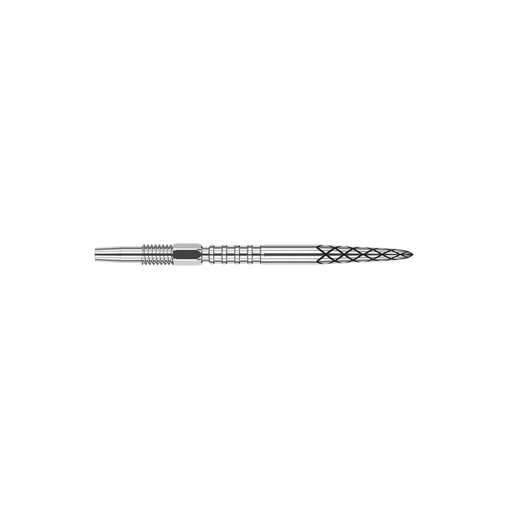 Target Swiss DS Surge Point Dart Tips - Silver Das Bild zeigt eine silberne Dartspitze mit mehreren feinen Rillen und Mustern. Die Spitze ist lang und schlank mit unterschiedlichen Strukturen zur besseren Griffigkeit.