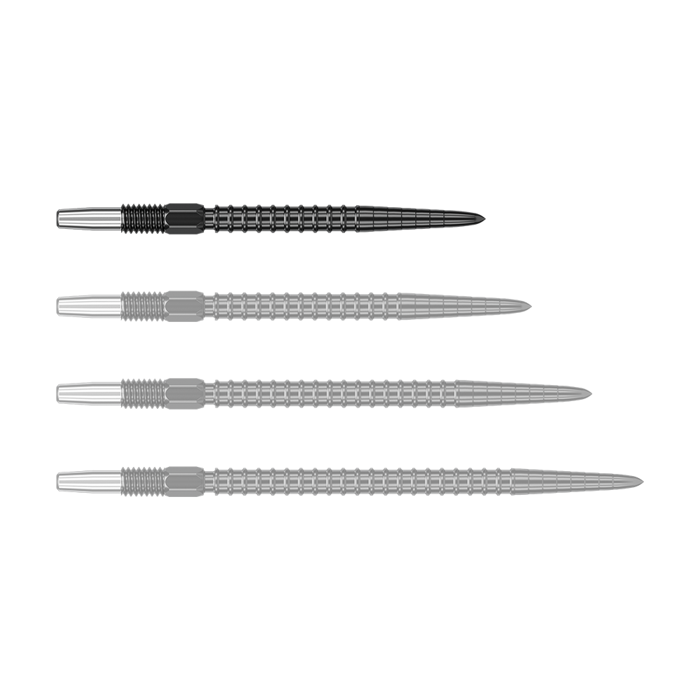 Target Swiss Point Chrono Dart Tips - Black Auf dem Bild sind vier schwarze Dartspitzen in einer Reihe zu sehen. Sie haben einen geriffelten Griff und eine spitz zulaufende Form.