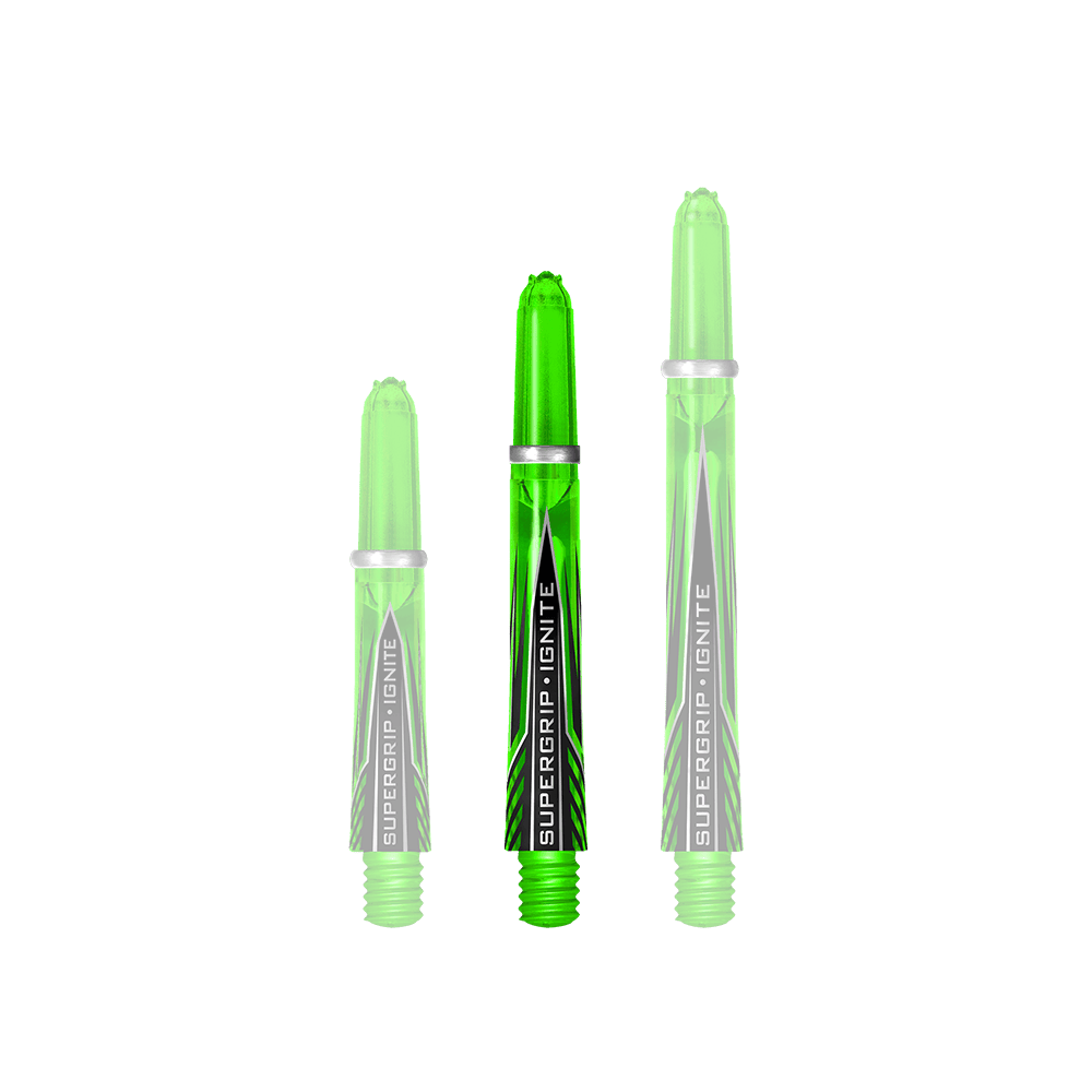 HR390_Harrows_Supergrip_Ignite_Shafts_Gr-n_40mm_1 Das Bild zeigt drei grüne Harrows Supergrip Ignite Shafts in unterschiedlichen Längen. Die Shafts sind glänzend und haben ein modernes Design mit schwarzem Schriftzug.