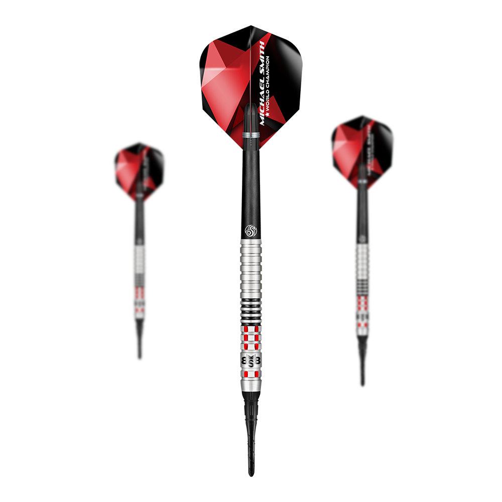 Shot Michael Smith Achieve Soft Darts Das Bild zeigt drei Softdarts mit roten und schwarzen Flights. Die Darts haben silberne und schwarze Griffe mit roten Akzenten.