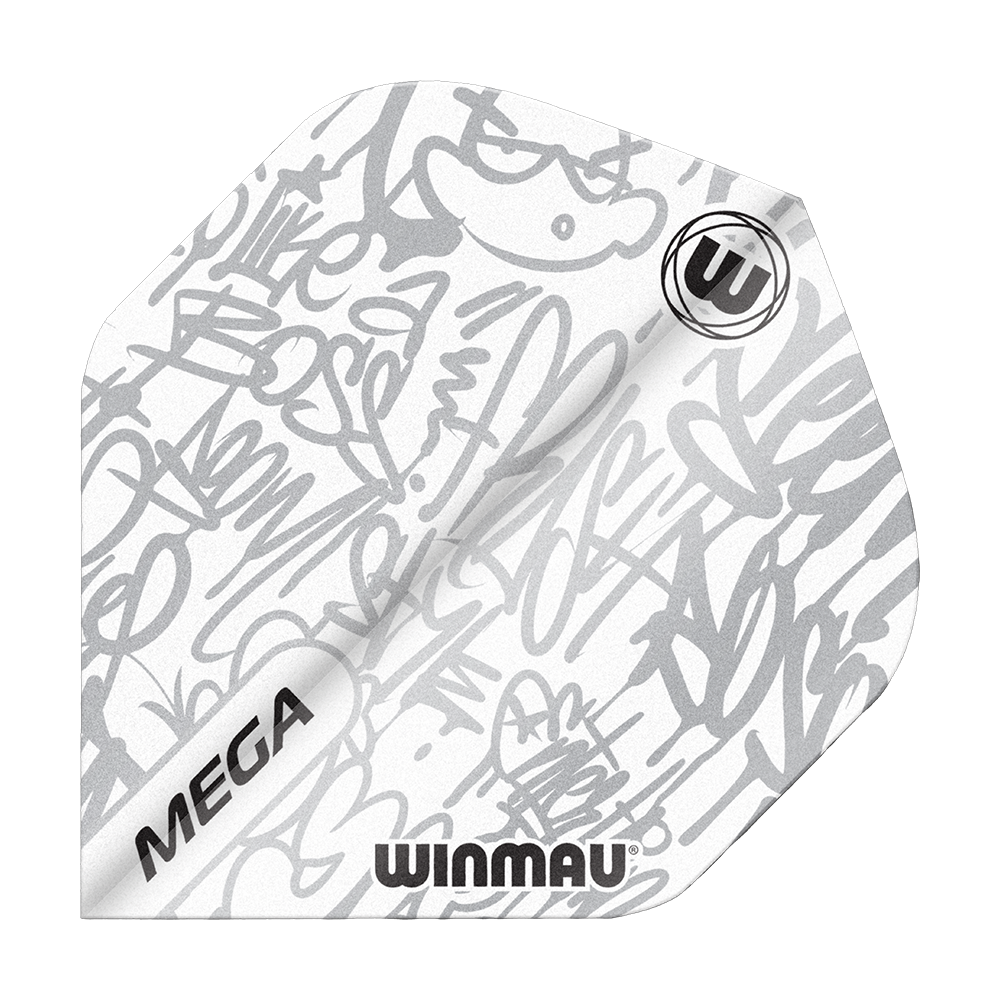 6900-243_Winmau_Mega_White_Standard_Flights_1NR1qZyPZMePPO Das Bild zeigt ein Winmau Mega White Standard Dartflight. Das Flight ist weiß mit grauen, abstrakten Graffiti-Mustern und trägt die Aufschriften "MEGA" und "WINMAU".