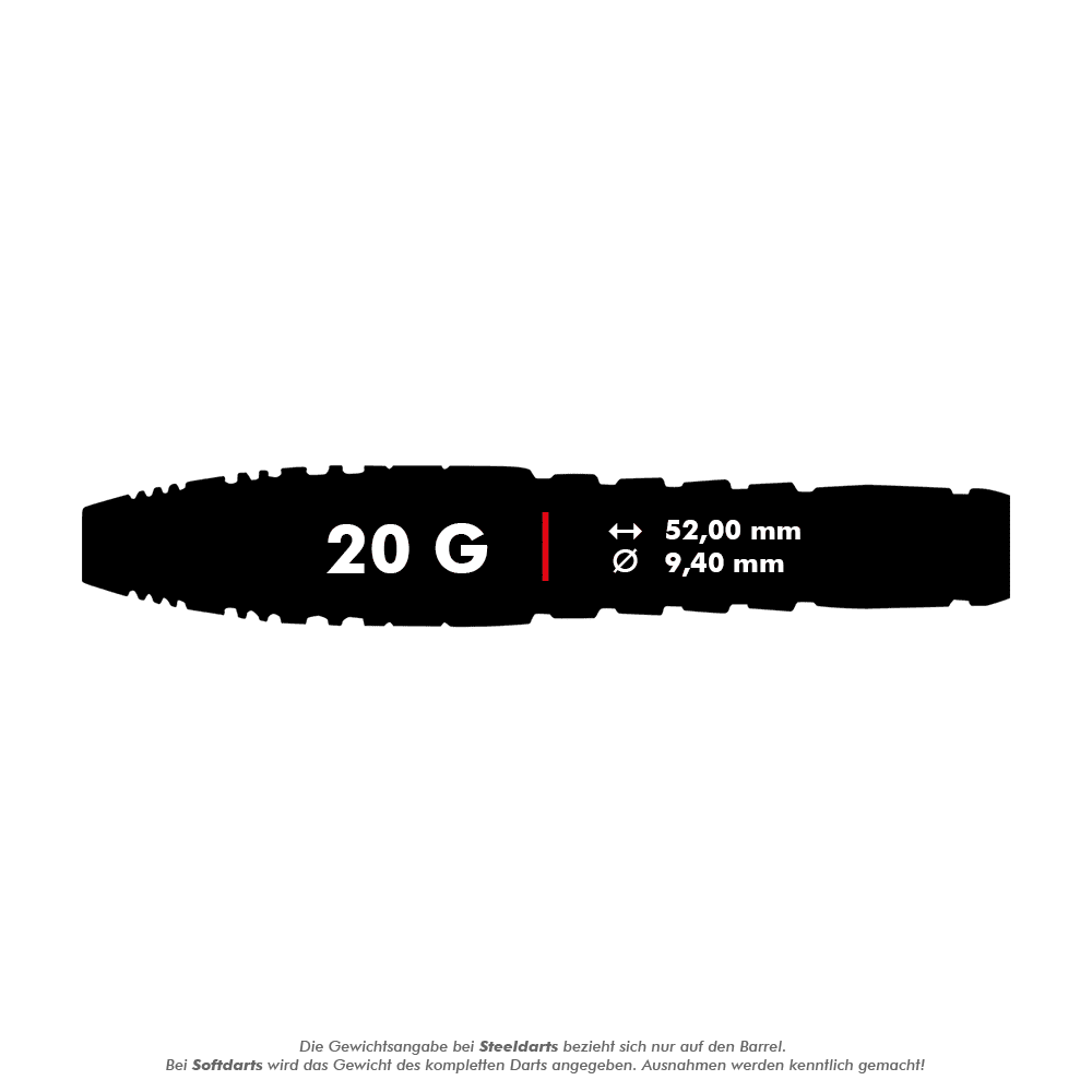 Unicorn Top Brass V4 Steeldarts - 20g Das Bild zeigt die Produktinformationen zu "Unicorn Top Brass V4 Steeldarts - 20g". Die Darts wiegen 20 Gramm, sind 52,00 mm lang und haben einen Durchmesser von 9,40 mm.