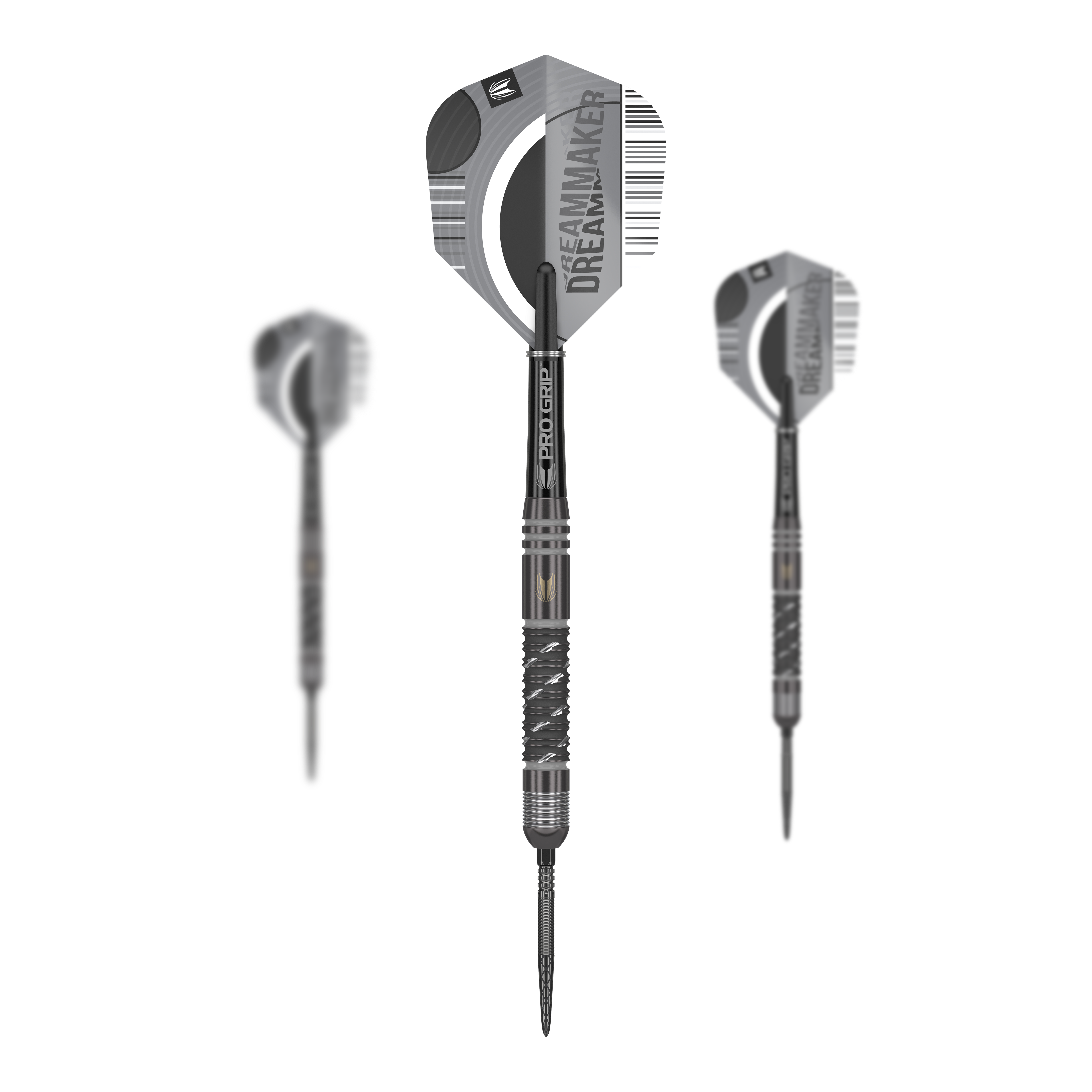 Target Dimitri Van Den Bergh X Echo Swiss Point steel darts Das Bild zeigt drei Steeldarts aus der Produktreihe „Target Dimitri Van Den Bergh X Echo Swiss Point“. Die Darts haben schwarze Griffe und Flights mit der Aufschrift „DREAMMAKER“.