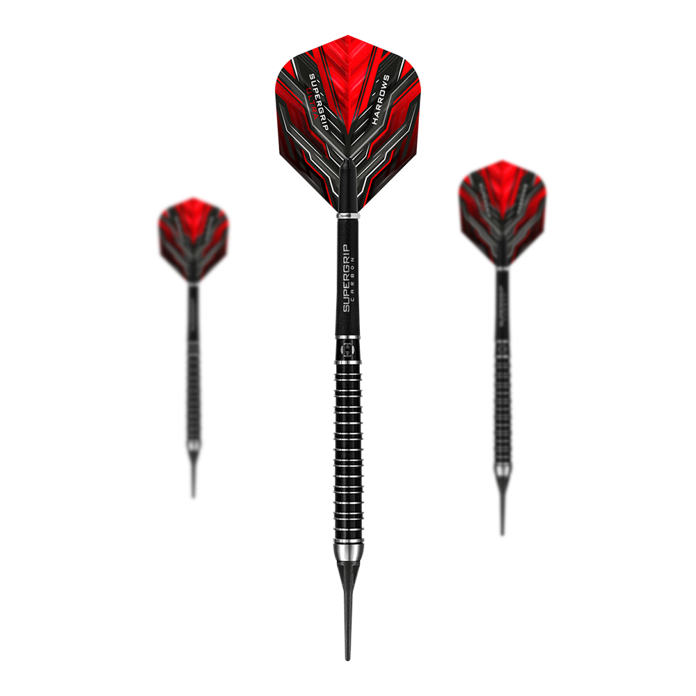 Harrows Supergrip Ultra soft darts Das Bild zeigt drei Harrows Supergrip Ultra Softdarts mit roten Flights und schwarzem Schaft. Die Darts haben ein modernes, sportliches Design mit silbernen Ringen am Griff.