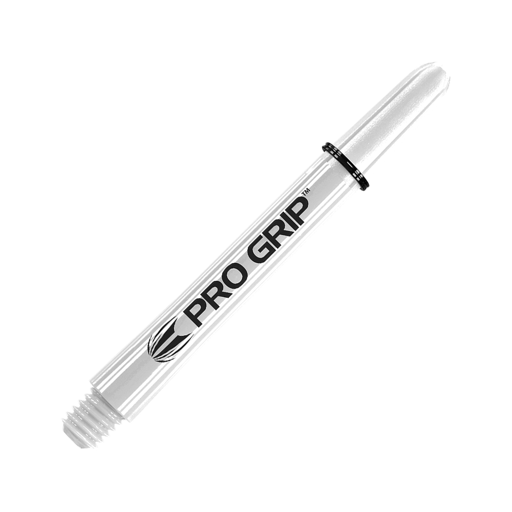 Target Pro Grip Shafts - 3 Sets - White Dies ist ein weißer Pro Grip Dart-Schaft mit schwarzer Beschriftung. Er hat ein schlankes Design und ist mit einem Pro Grip Logo versehen.