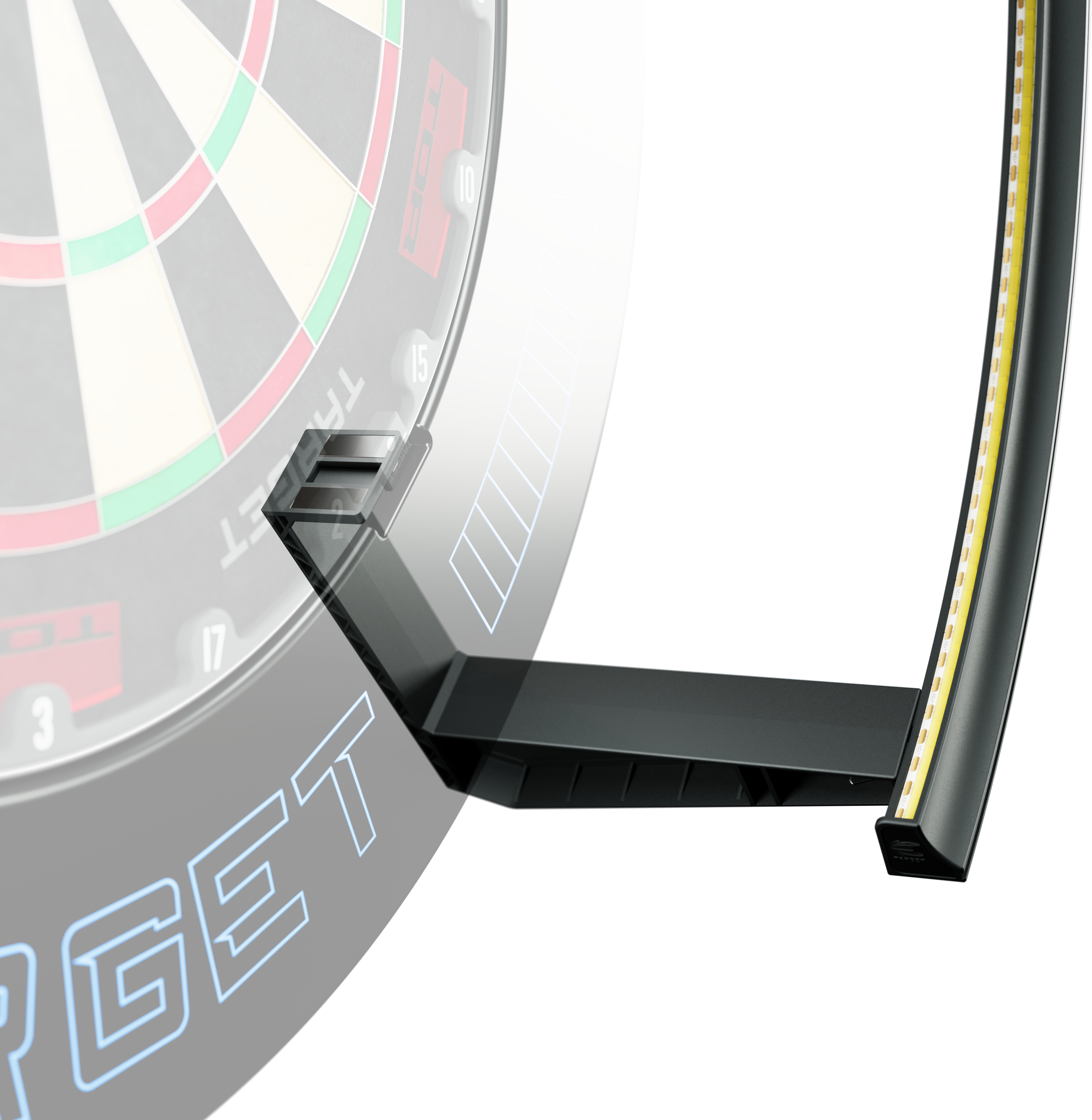 Target Corona Vision 2 lighting system Zu sehen ist das Target Corona Vision 2 Beleuchtungssystem. Die Lichtquelle ist rund um das Dartboard montiert.