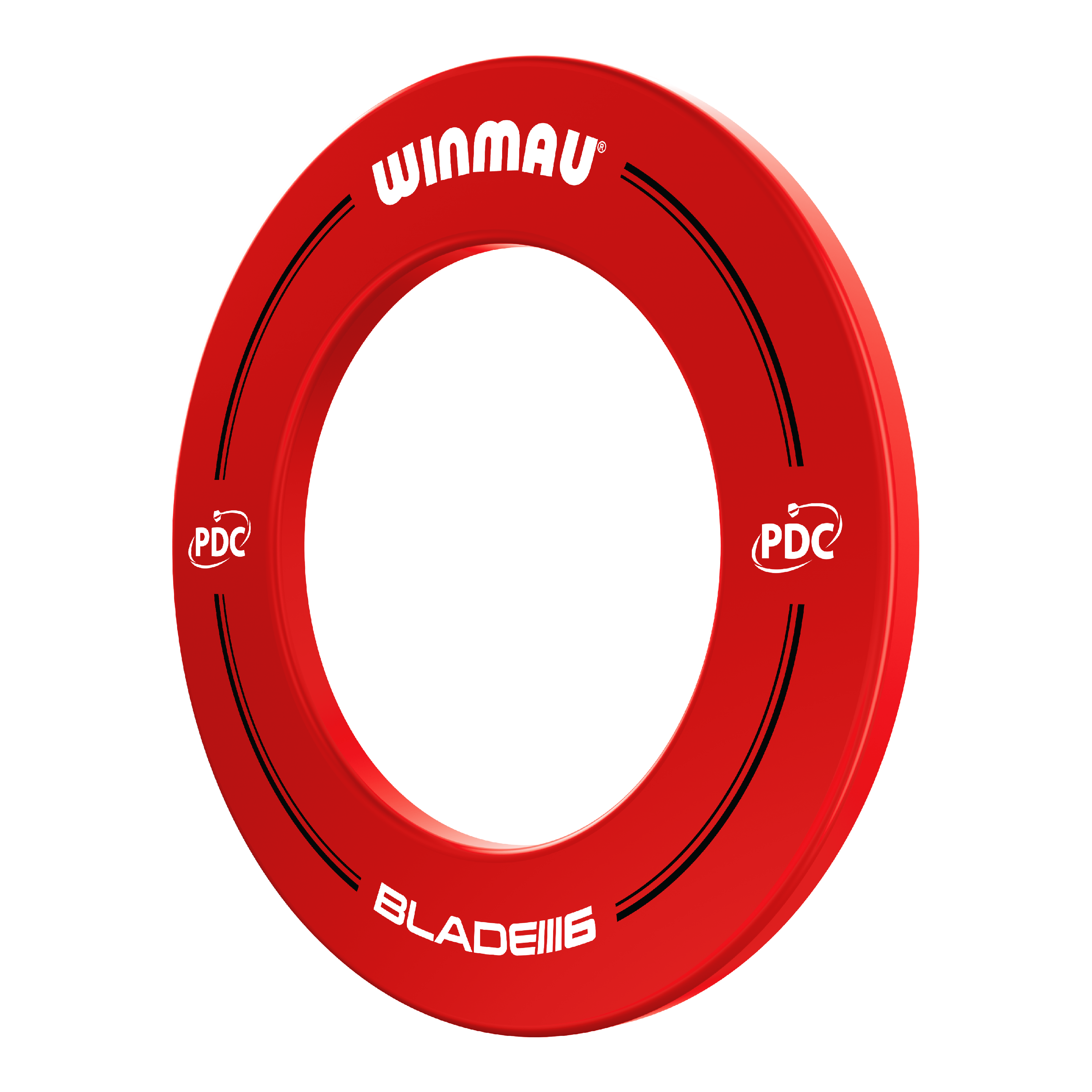 Winmau PDC Dartboard Surround - Red Das Bild zeigt einen roten Winmau PDC Dartboard Surround. Auf dem Ring stehen die Wörter "Winmau", "PDC" und "Blade 6".