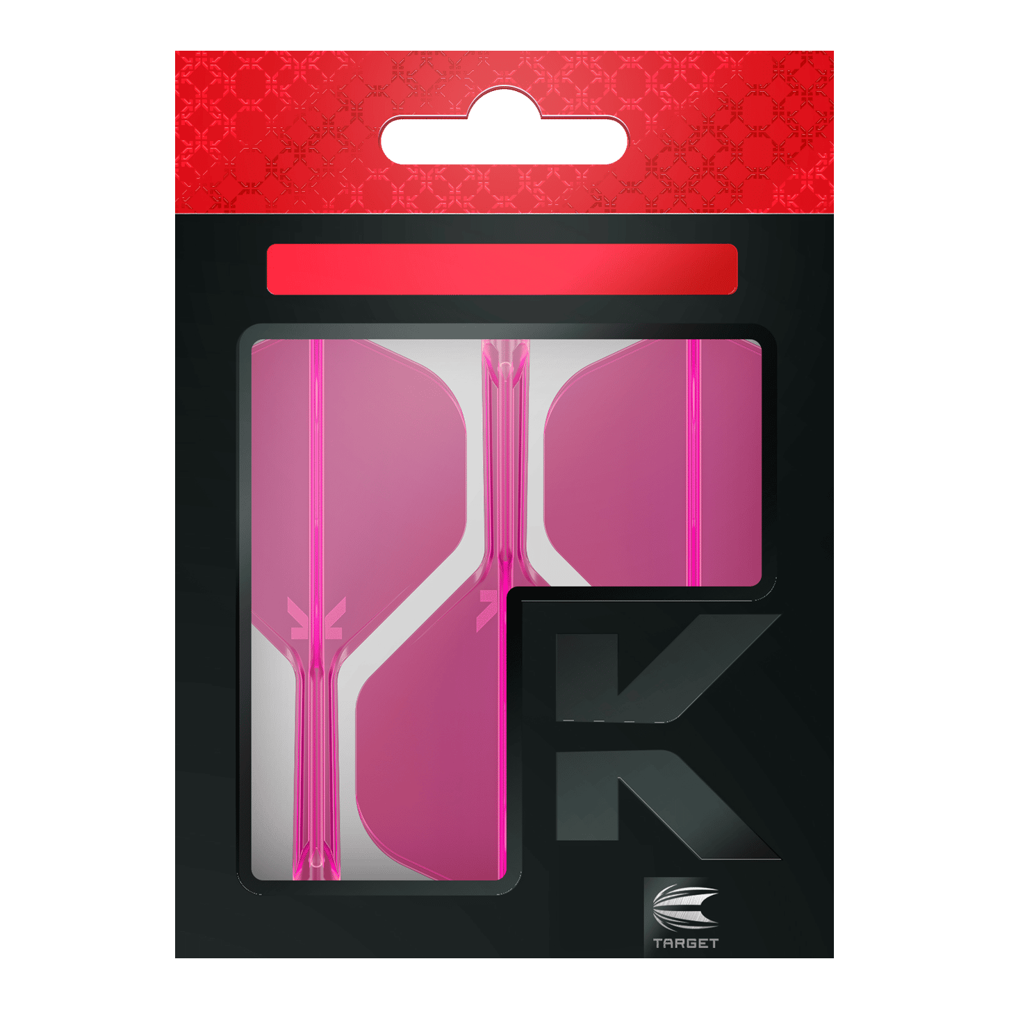 Target K-Flex No2 Standard Flight System - Neon Pink Das Bild zeigt eine Packung mit pinkfarbenen Dart-Flights der Marke Target. Die Verpackung ist überwiegend schwarz mit einem roten oberen Abschnitt.