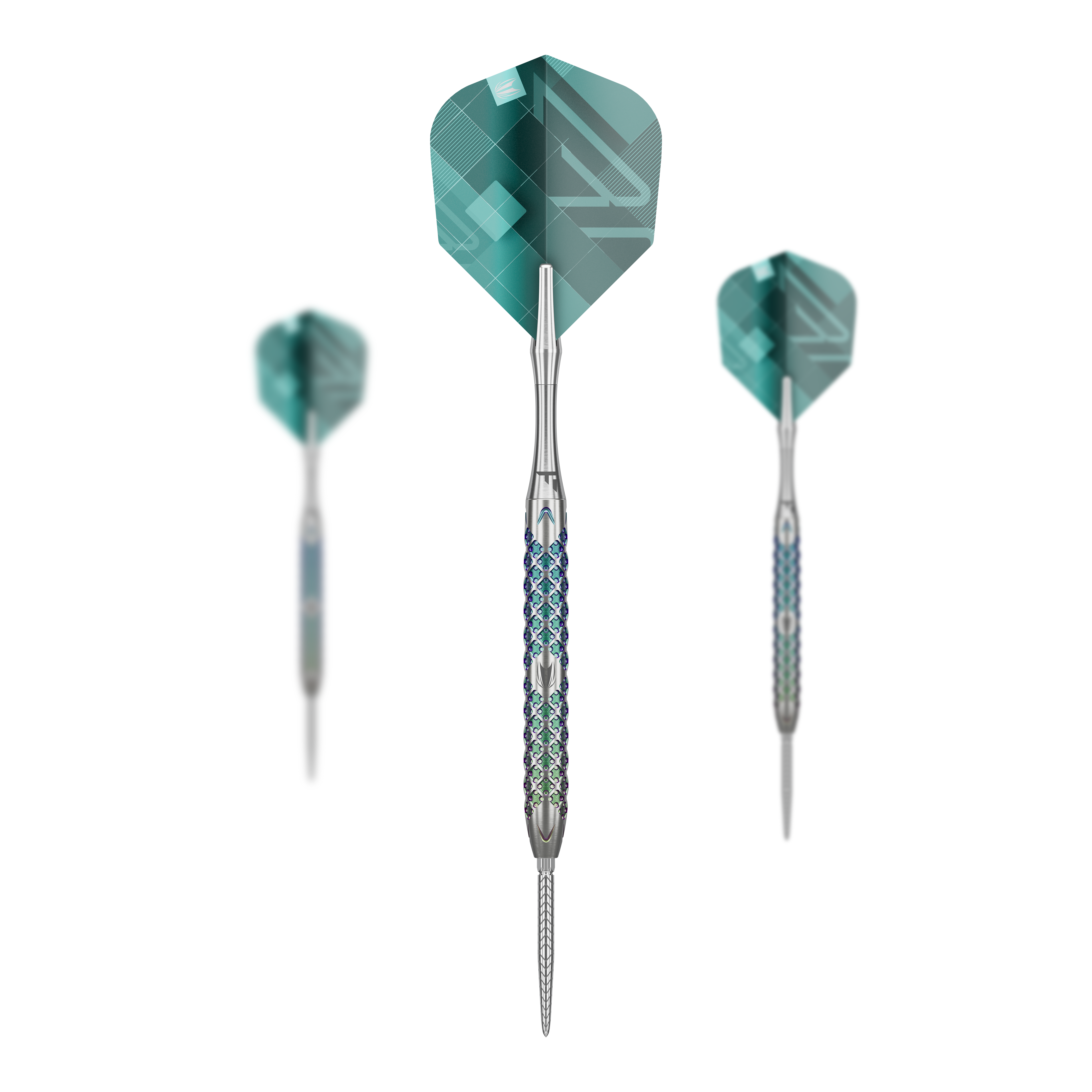 Target Rove 01 Swiss Point steel darts Das Bild zeigt drei Steeldarts des Modells "Target Rove 01 Swiss Point". Die Darts haben silberne Spitzen und einen gemusterten, blauen und silbernen Griff sowie grünliche Flights.