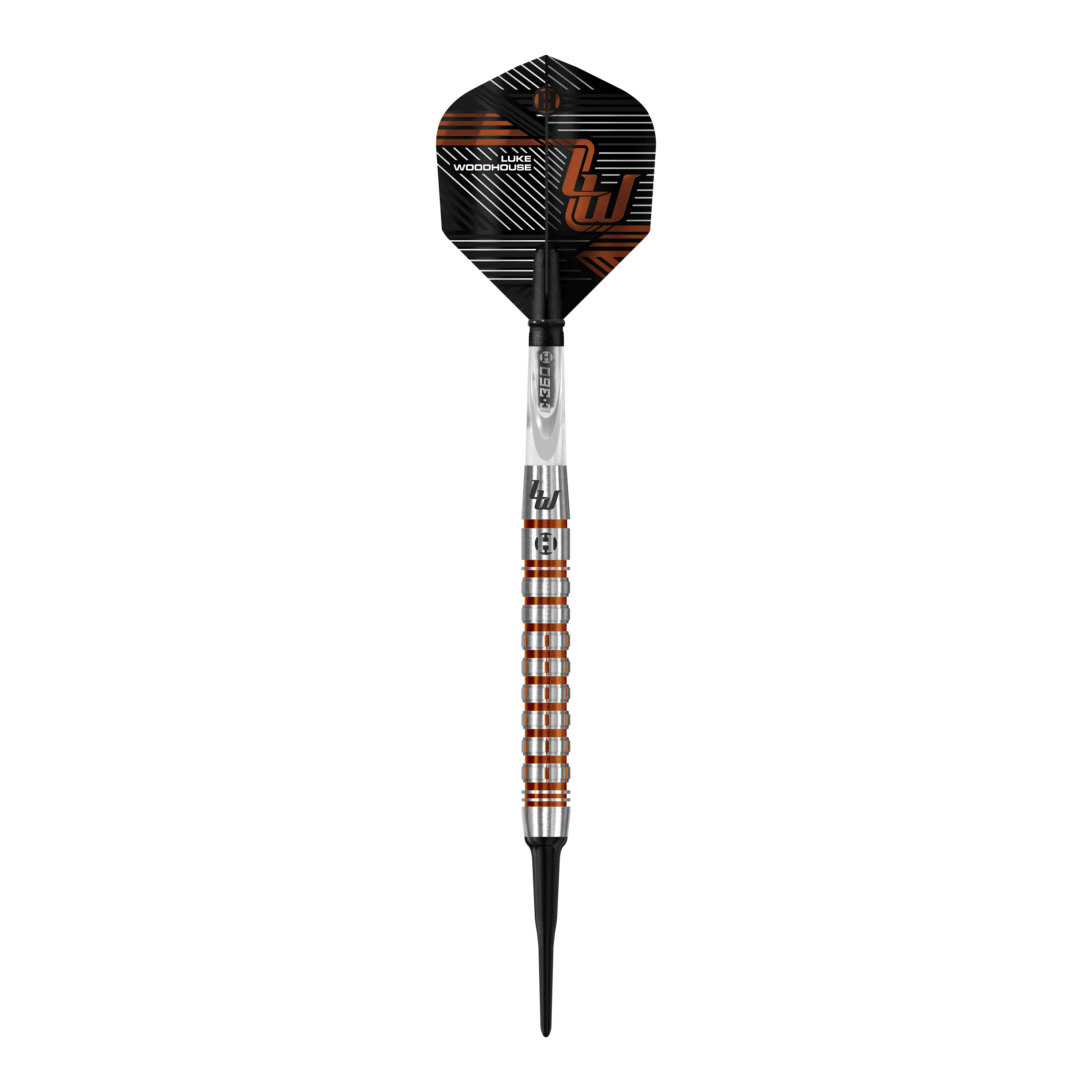Harrow's Luke Woodhouse Series 2 Soft Darts - 18g Das Bild zeigt den Harrows Luke Woodhouse Series 2 Softdart mit einem Gewicht von 18g. Der Dartpfeil hat ein modernes, silber-orangenes Design mit schwarzen Akzenten.