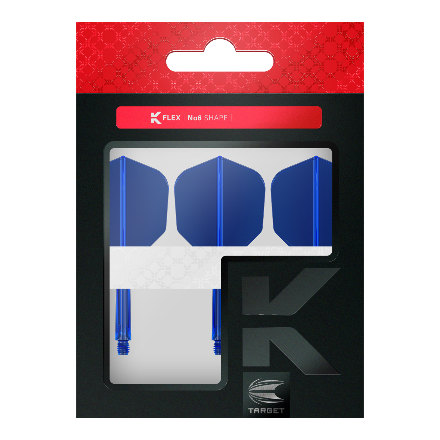 Target K-Flex No6 Flight System - Blue Das Bild zeigt eine Verpackung mit drei blauen Dartflights und Schäften der Marke Target. Die Verpackung ist überwiegend schwarz mit einem roten oberen Bereich und Sichtfenster.