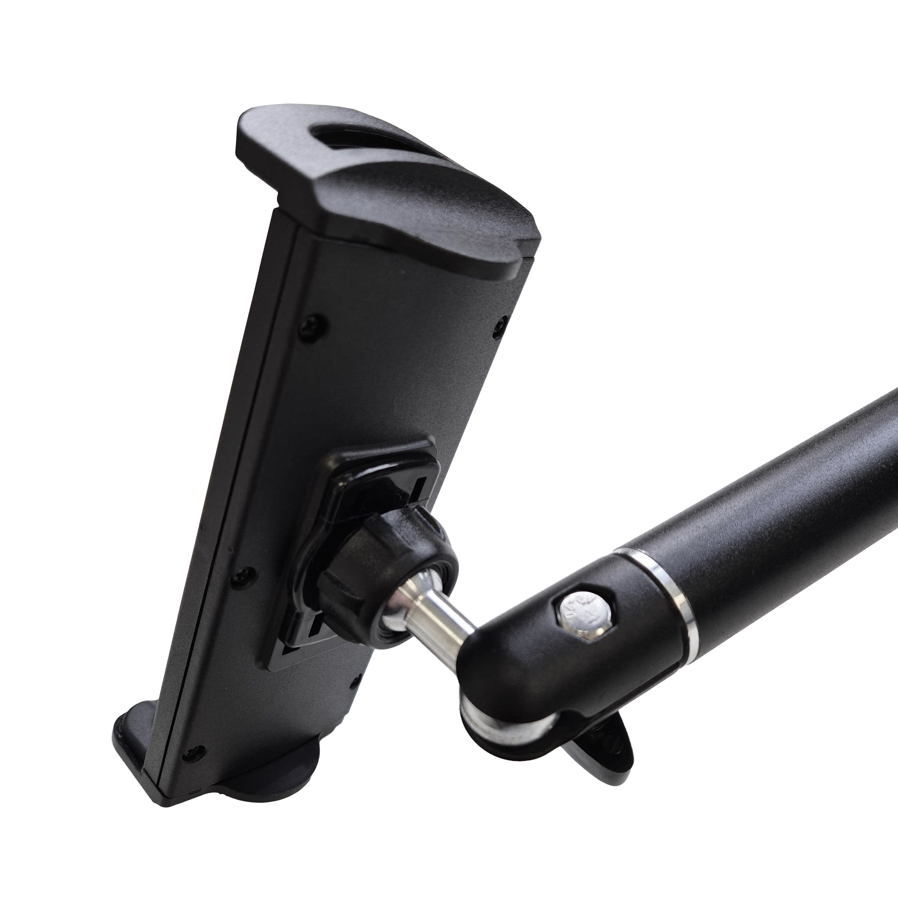 McDart TABFlex tablet wall mount with flexible arm Das Bild zeigt die McDart TABFlex Tablet Wandhalterung mit flexiblem Arm. Die Halterung ist schwarz und lässt sich einstellen, um ein Tablet sicher zu befestigen.