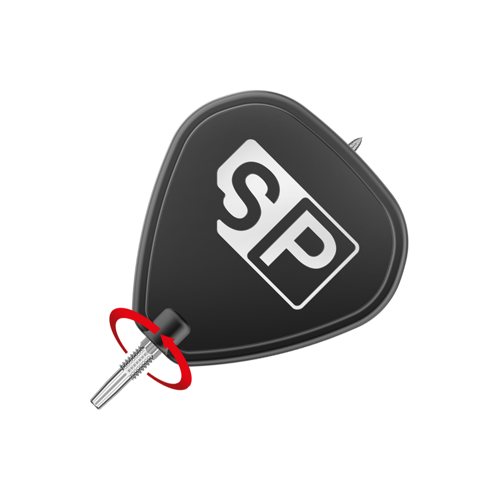 Das Bild zeigt die Target Swiss Point SLK Dartspitzen in Silber. Die Dartspitze ist mit einem schwarzen Flight und einem weißen "SP"-Logo abgebildet.