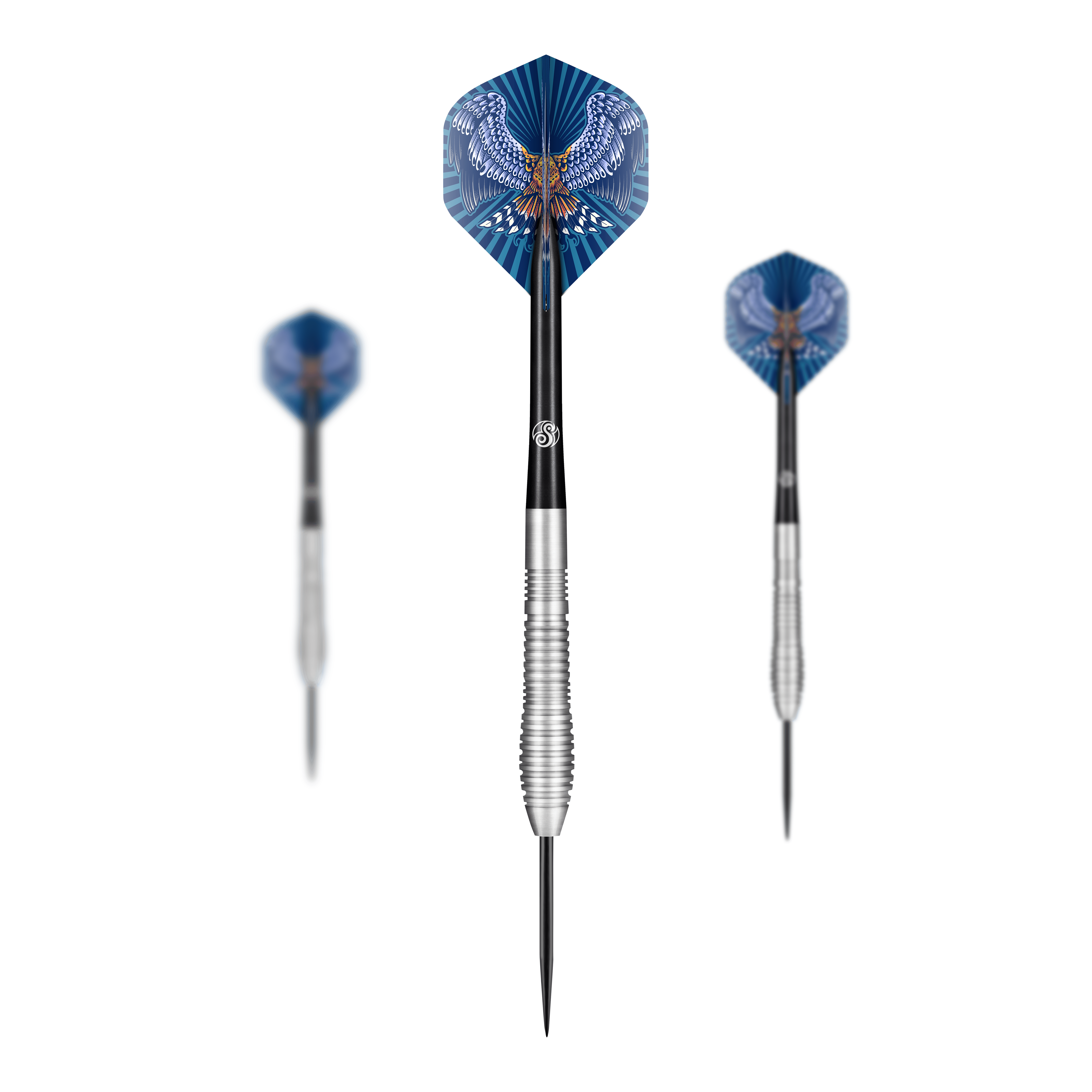 Shot Birds Of Prey Kestrel Steel Darts Auf dem Bild sind drei Steeldarts der Marke 'Shot Birds Of Prey Kestrel' zu sehen. Die Flights der Darts sind blau und zeigen das Bild eines Vogels mit ausgebreiteten Flügeln.