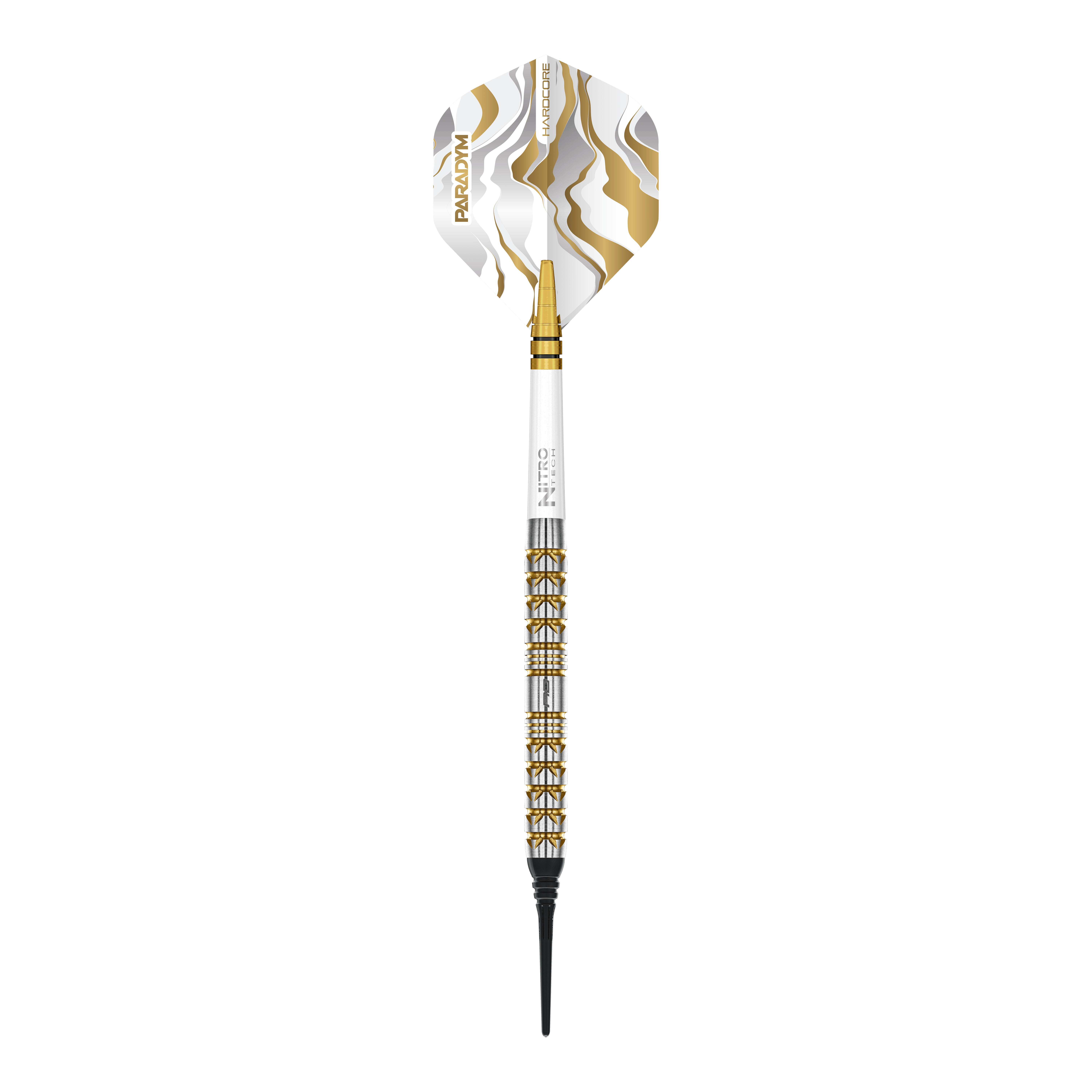 Red Dragon Paradym Gold Parallel Softdarts - 20g Das Bild zeigt die Red Dragon Paradym Gold Parallel Softdarts mit einem Gewicht von 20g. Die Darts sind goldfarben und haben ein modernes Design.