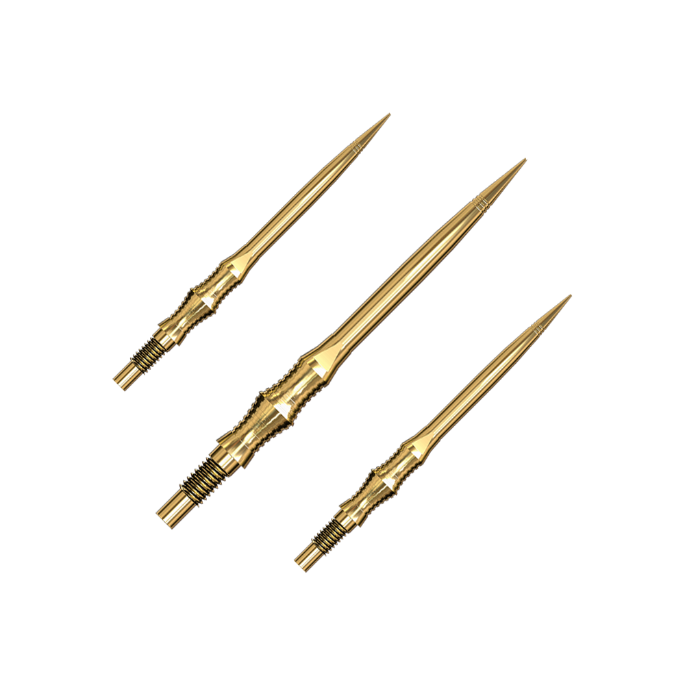Harrows Quick Point Apex Spire Elite Series Dartspitzen - Gold Eine Packung Apex Spire Gold Elite Series Dartspitzen wird gezeigt. Die Spitzen sind goldfarben.