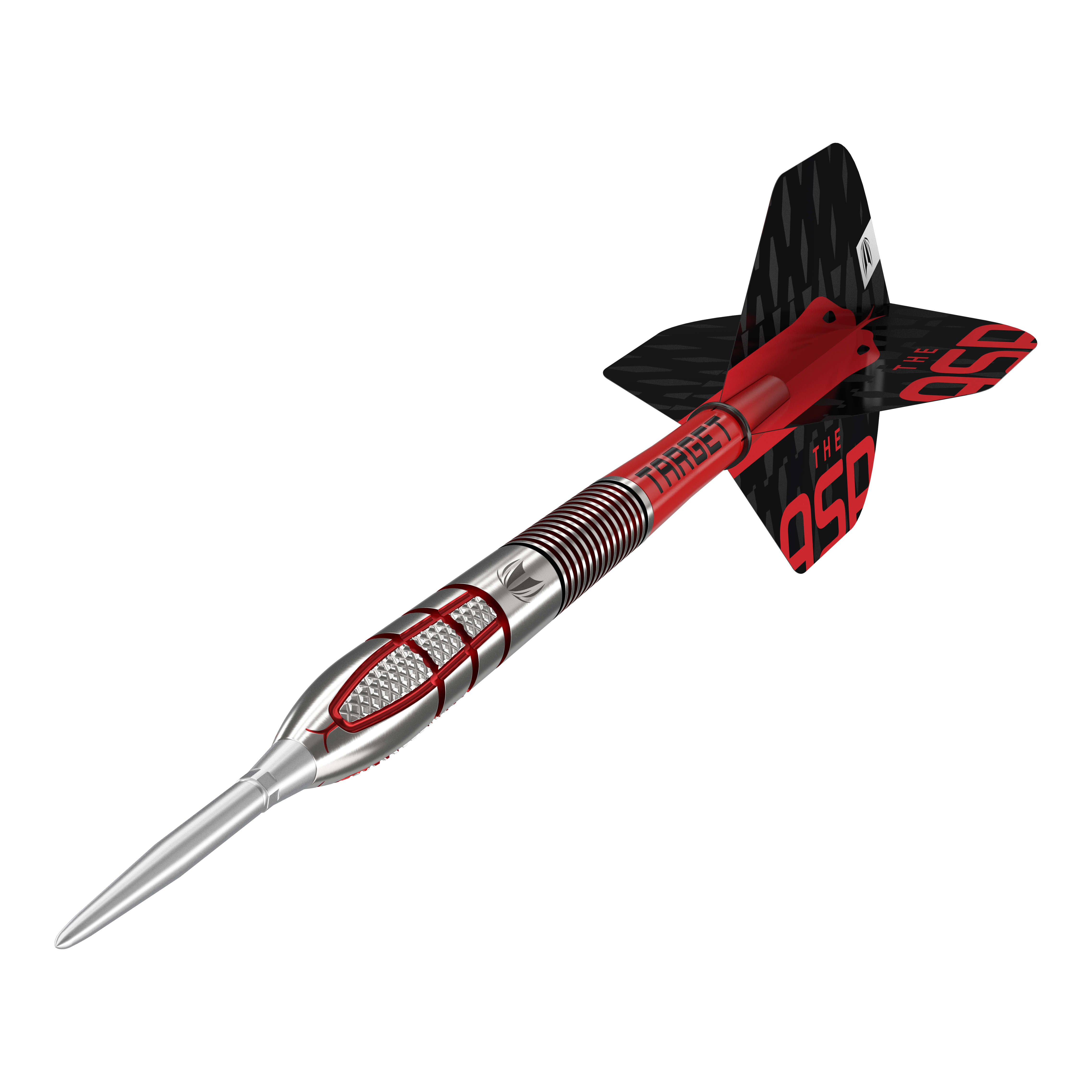 Target Nathan Aspinall GEN2 Swiss Point steel darts Das Bild zeigt einen modernen Steeldartpfeil mit silberner Spitze und rot-schwarzem Schaft. Auf den Flights steht in roten Buchstaben "THE ASP".