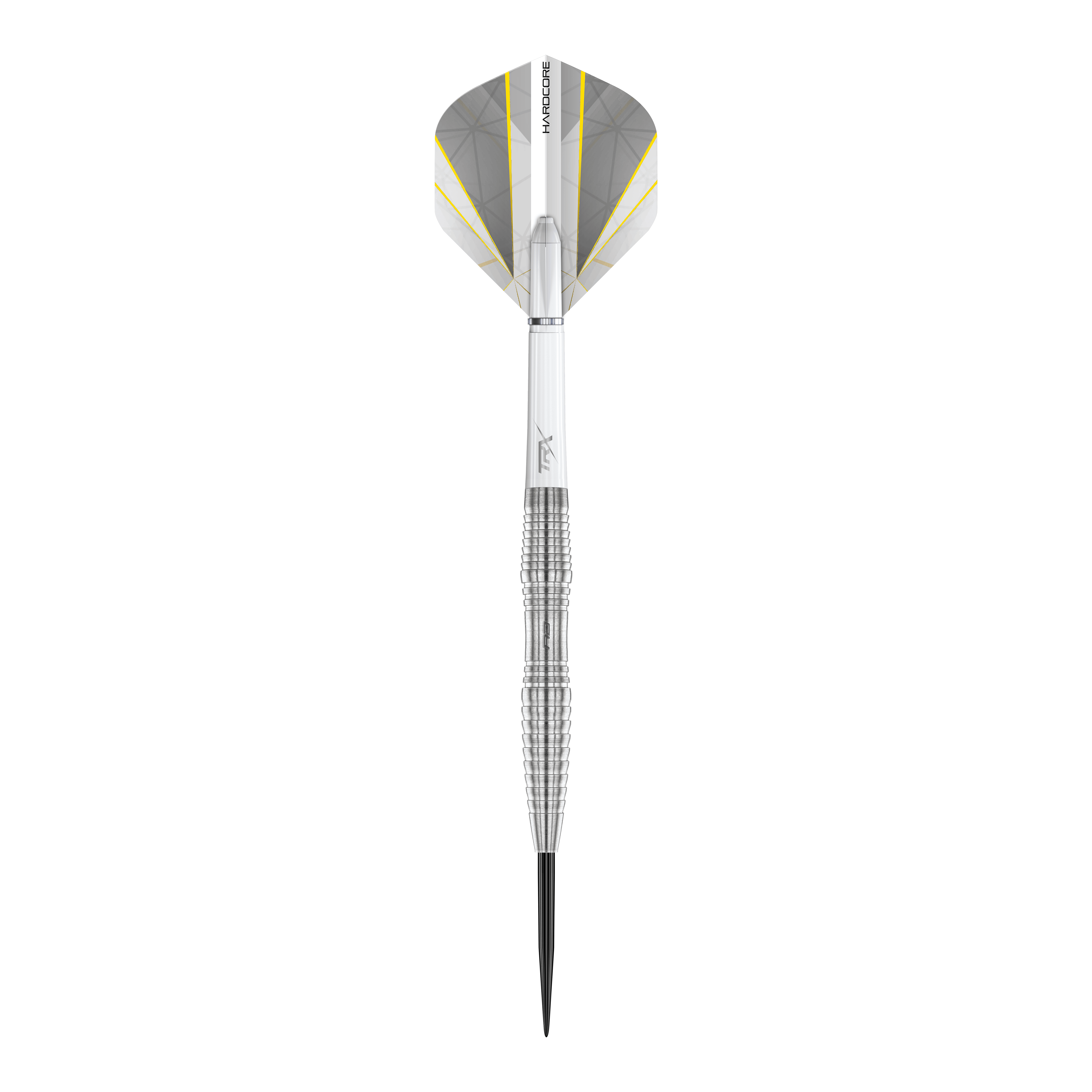 Red Dragon Seren 3 Pure Steeldarts Das Bild zeigt einen Red Dragon Seren 3 Pure Steeldart. Der Dartpfeil ist silberfarben mit einem modernen, weißen Flight und gelben Akzenten.