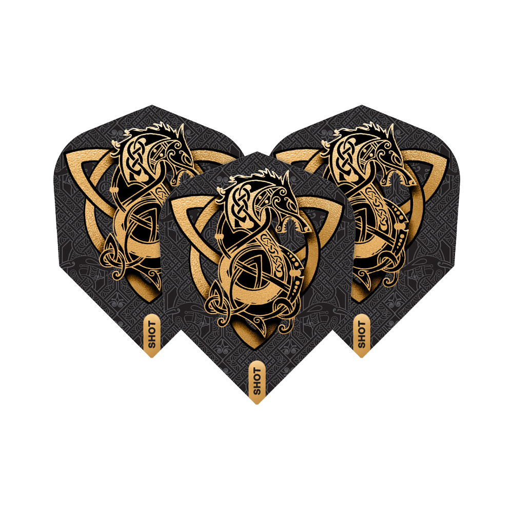 Shot Viking Wolf No. 6 Flights Das Bild zeigt drei Dartflights des Produkts "Shot Viking Wolf No6 Flights". Sie sind schwarz mit einem goldenen, wikinger-inspirierten Wolfsmotiv verziert.