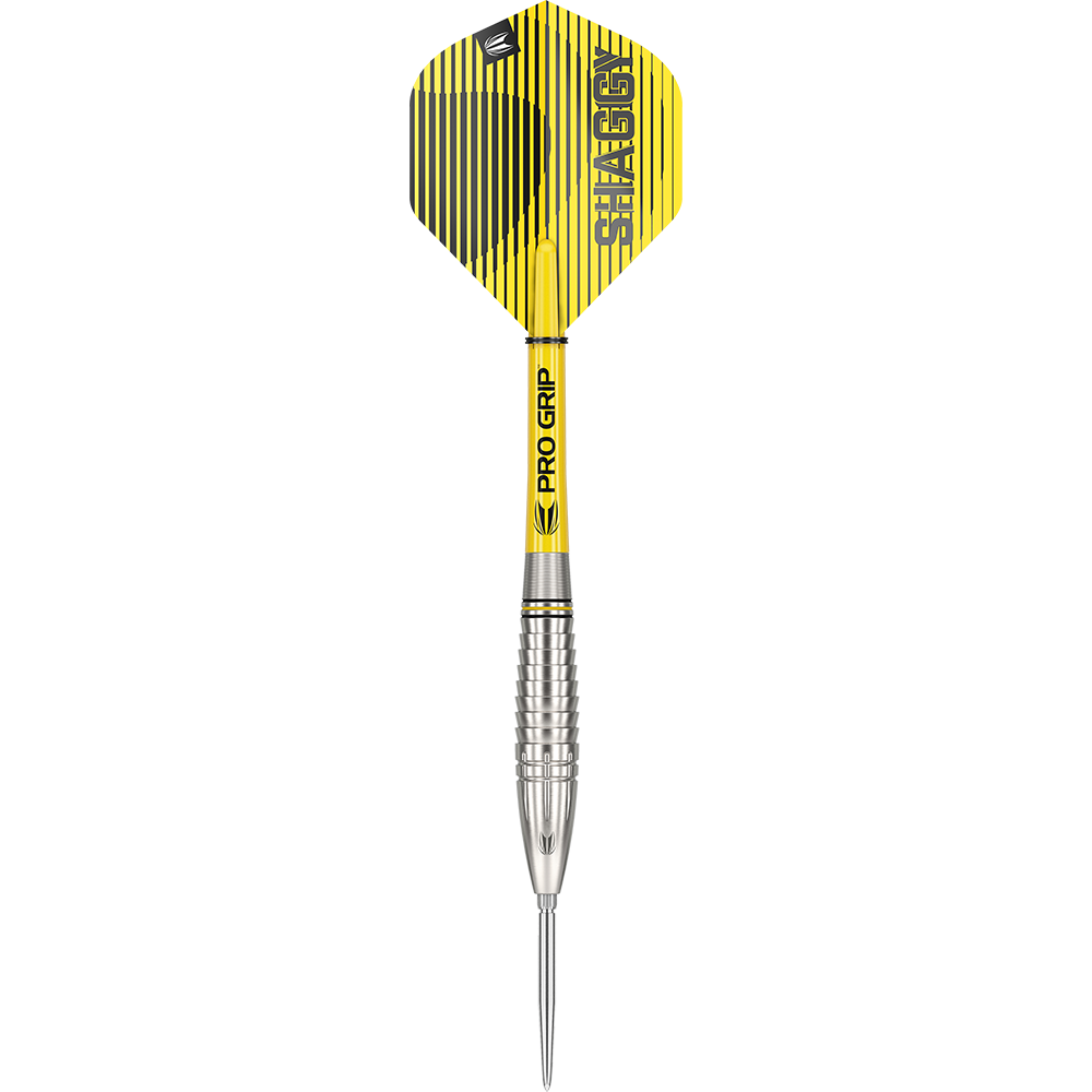 190222_Target_Scott_Williams_GEN1_Swiss_Point_Steeldarts_1DLTHZ0WEOF2KU Das Bild zeigt einen Target Scott Williams GEN1 Swiss Point Steeldart. Der Dart hat ein gelbes Flight mit schwarzen Streifen und einen silbernen, gerillten Barrel.