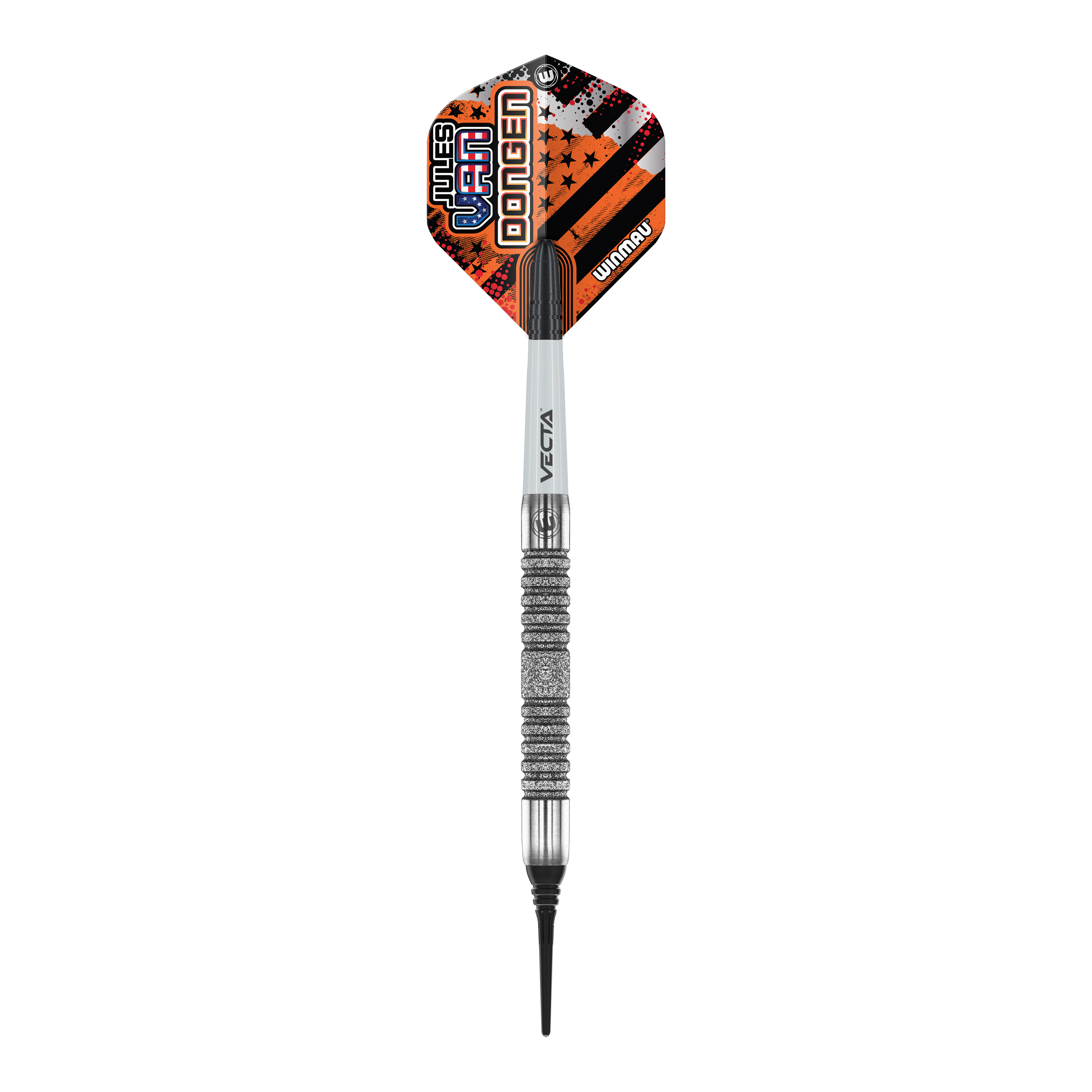 Winmau Jules Van Dongen soft darts - 20g Das Bild zeigt einen Winmau Jules Van Dongen Softdart mit einem Gewicht von 20 Gramm. Der Dartpfeil hat ein auffälliges Flight-Design in Orange, Schwarz und Weiß mit dem Namen des Spielers darauf.