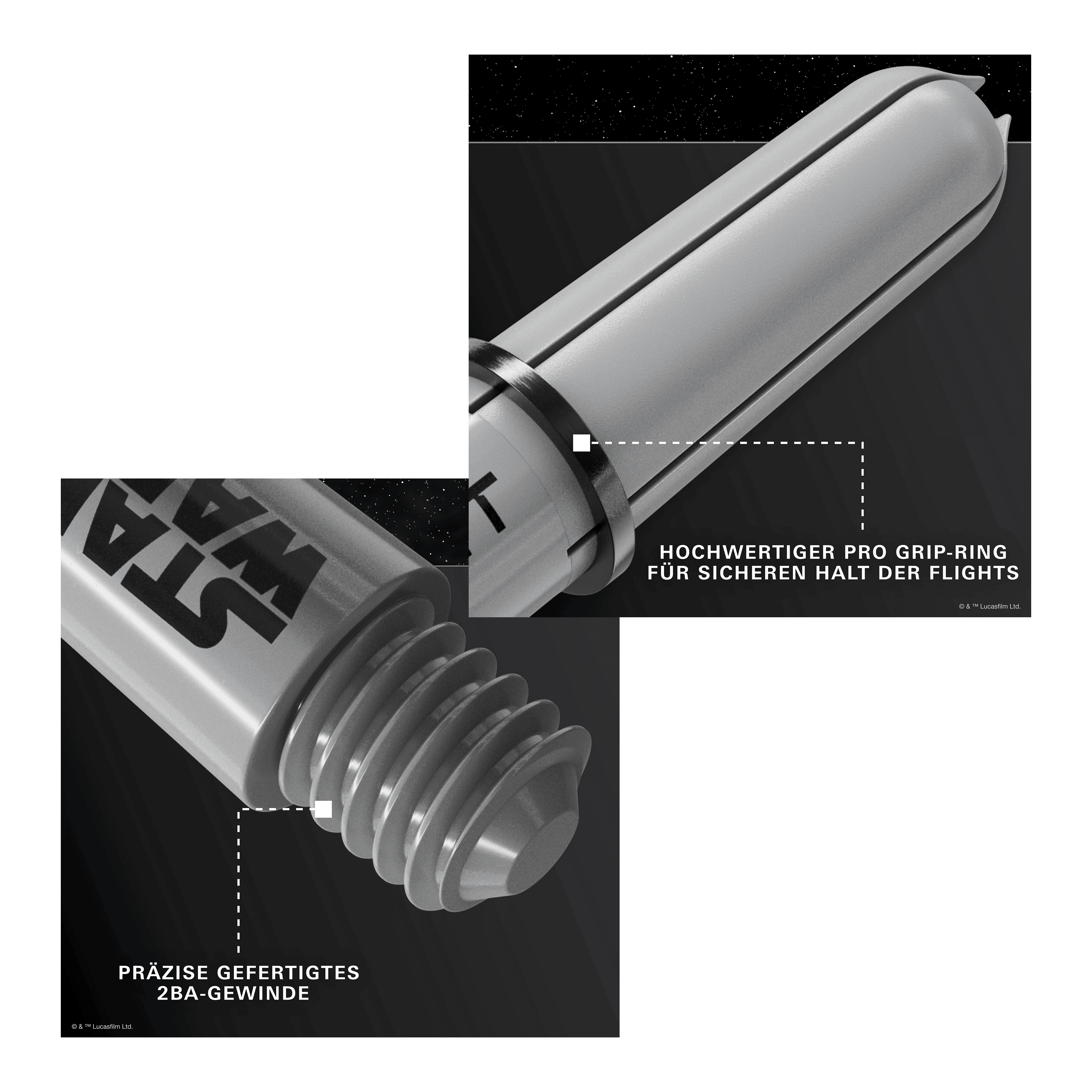 Target Star Wars ProGrip Shafts - Gray Gezeigt wird das Produkt Target Star Wars ProGrip Shafts - Grau. Die robusten Dartschäfte sind in Grau gehalten.