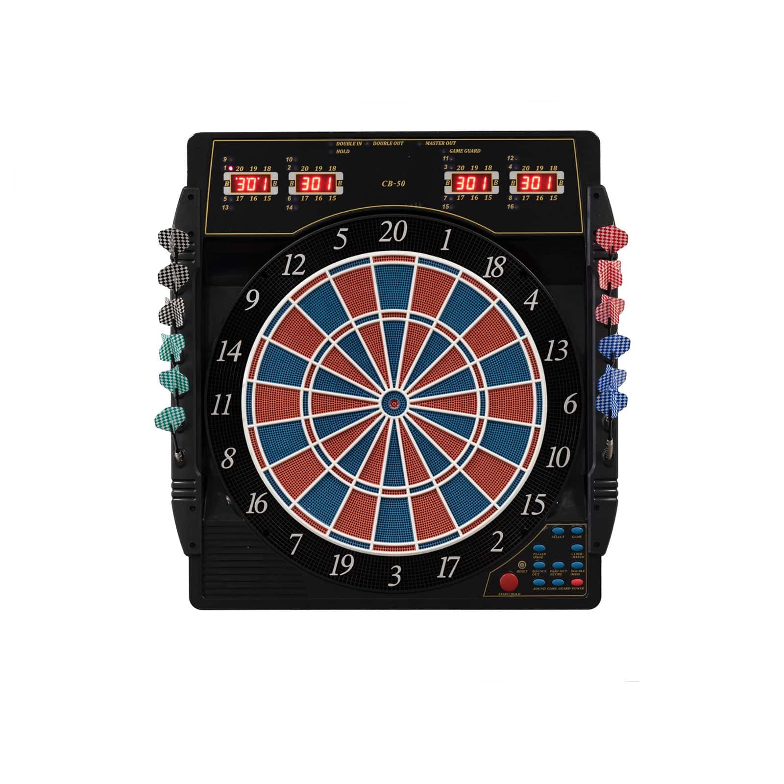 Elektronische Dartscheibe Karella CB 50 Turnierausführung Das Bild zeigt die elektronische Dartscheibe Karella CB 50 in Turnierausführung. Sie hat ein digitales Display und verschiedene farbige Dartpfeile an den Seiten.