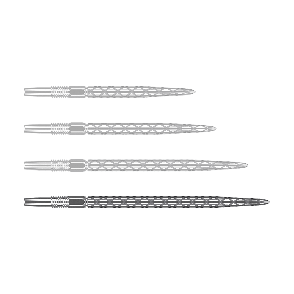 Target Swiss Diamond Pro Silver Points dart tips Auf dem Bild sind vier silberne Dartspitzen mit einem rautenförmigen Muster zu sehen. Sie liegen waagerecht und sind gleichmäßig angeordnet.