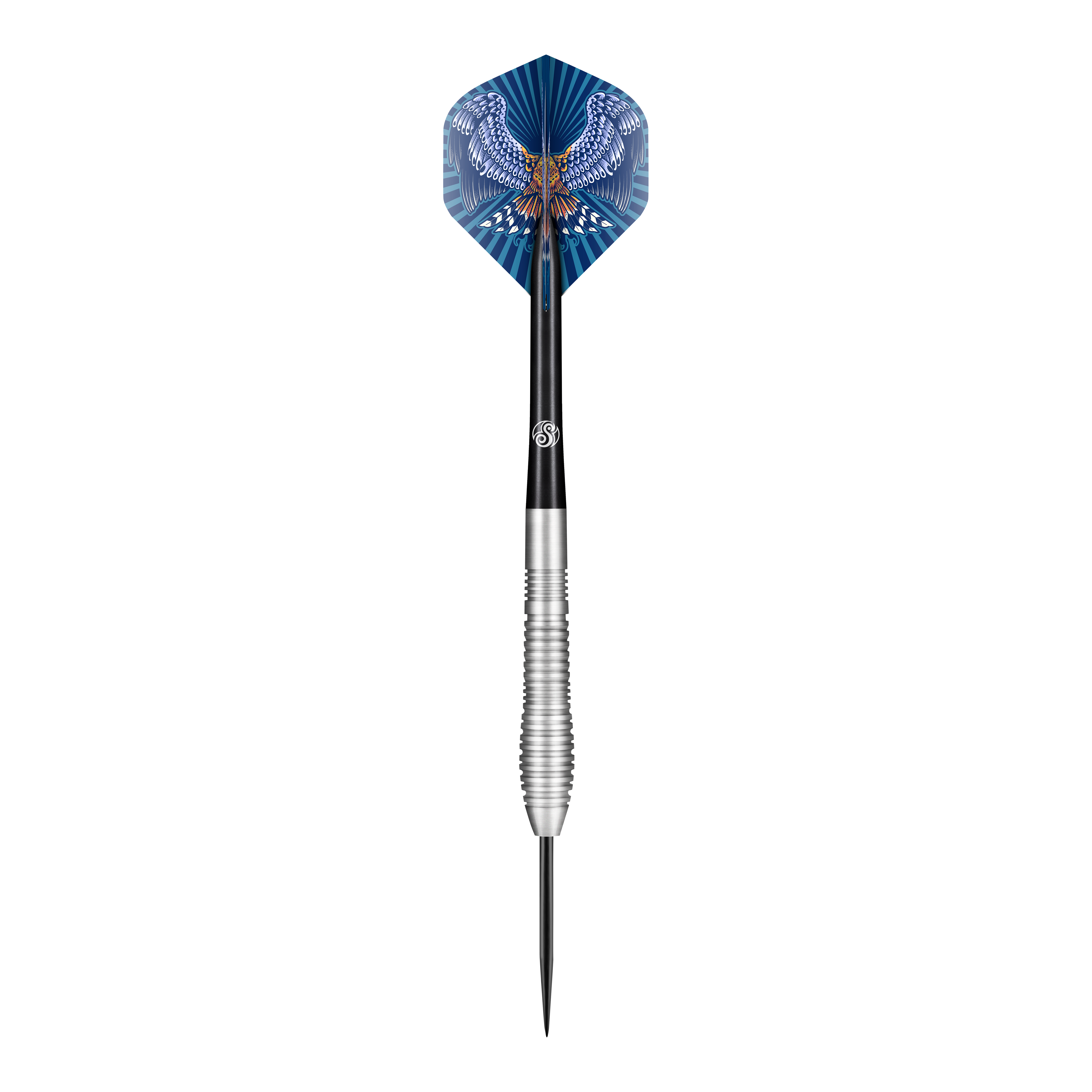 Shot Birds Of Prey Kestrel Steel Darts Das Bild zeigt einen Steeldart der Marke "Shot Birds Of Prey Kestrel". Auf dem Flight ist ein stilisierter Raubvogel mit ausgebreiteten Flügeln in Blau und Weiß abgebildet.