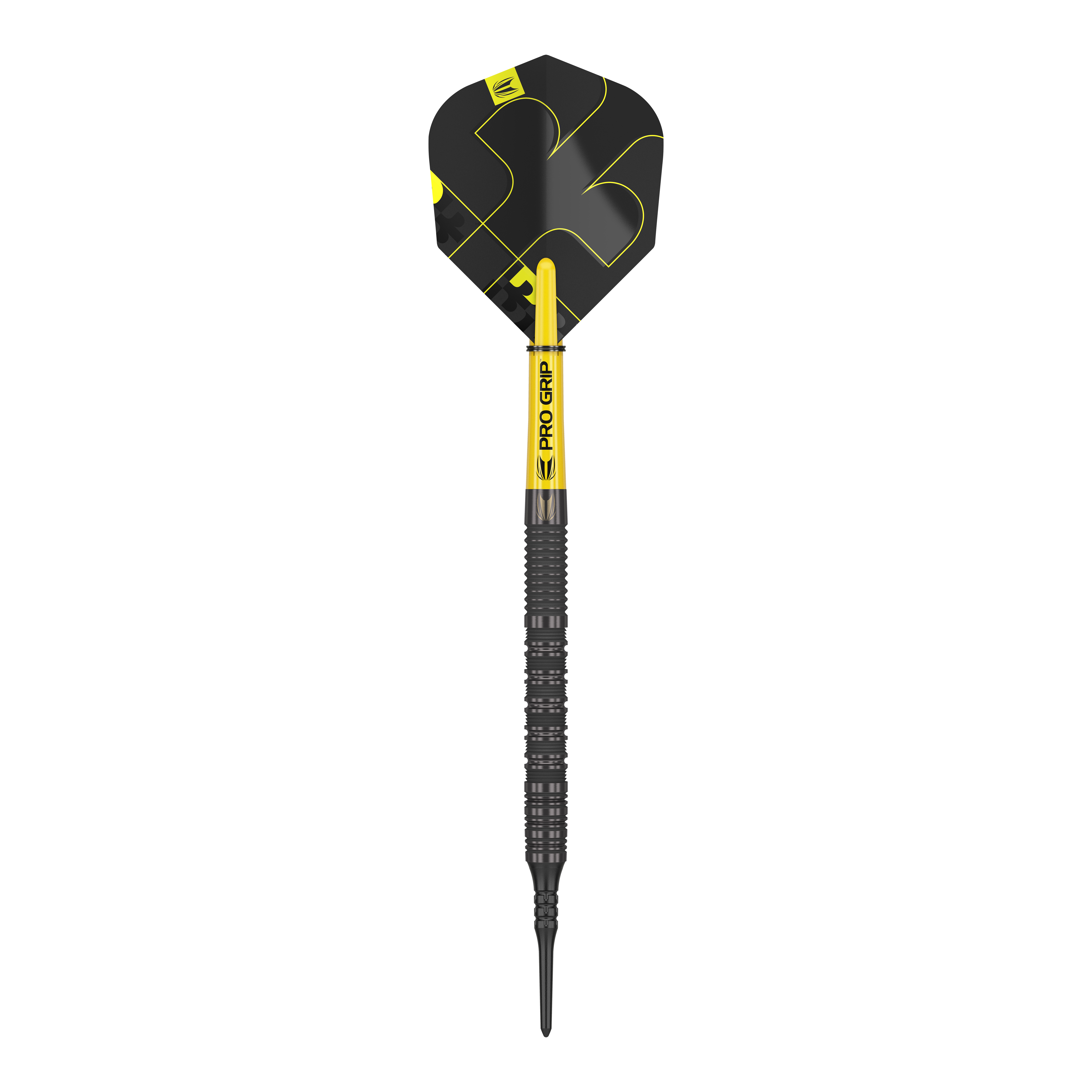Target Bolide Void 10 soft darts Das Bild zeigt einen Target Bolide Void 10 Softdartpfeil. Der Pfeil ist schwarz mit gelben Akzenten und hat einen Pro Grip Schaft.