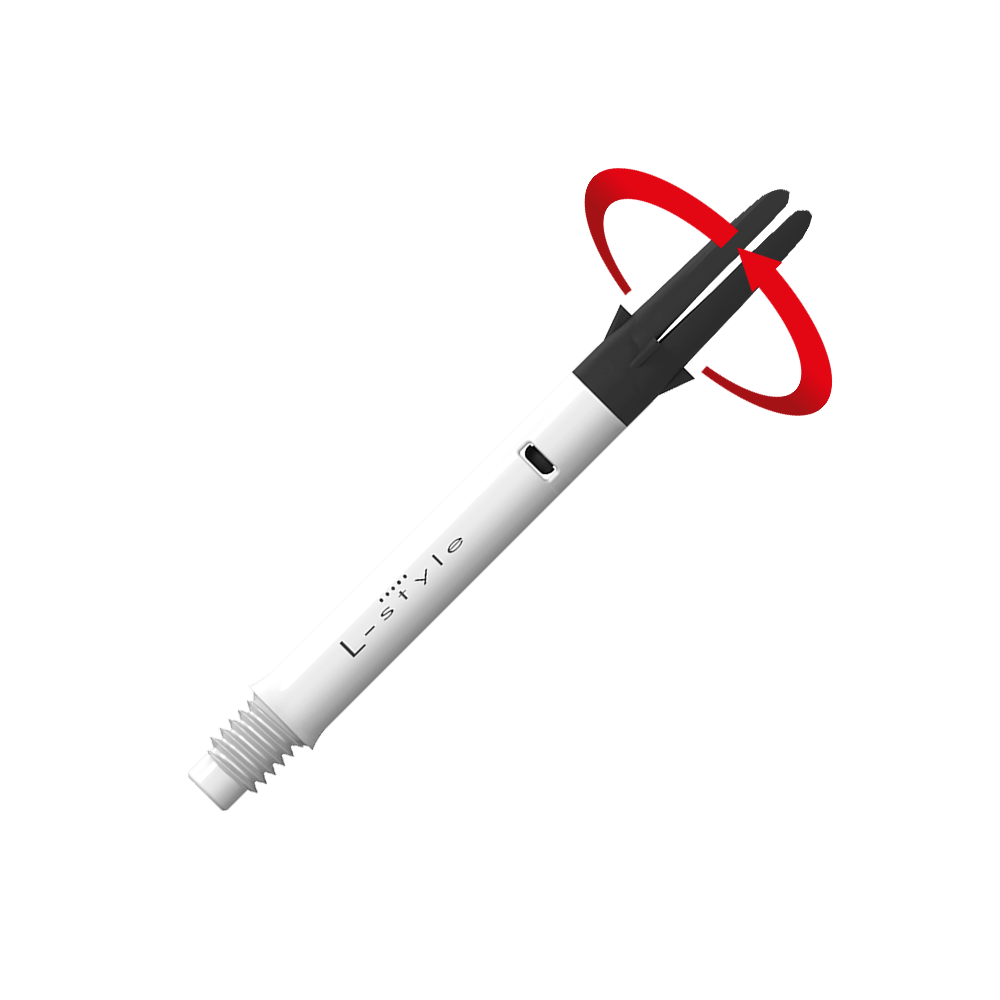 L-L-Style-Shaft Carbon Silent Straight - White Dies ist ein weißer Carbon-Schaft für Dartpfeile der Marke L-Style. Der obere schwarze Teil kann sich drehen, wie durch den roten Pfeil angezeigt.