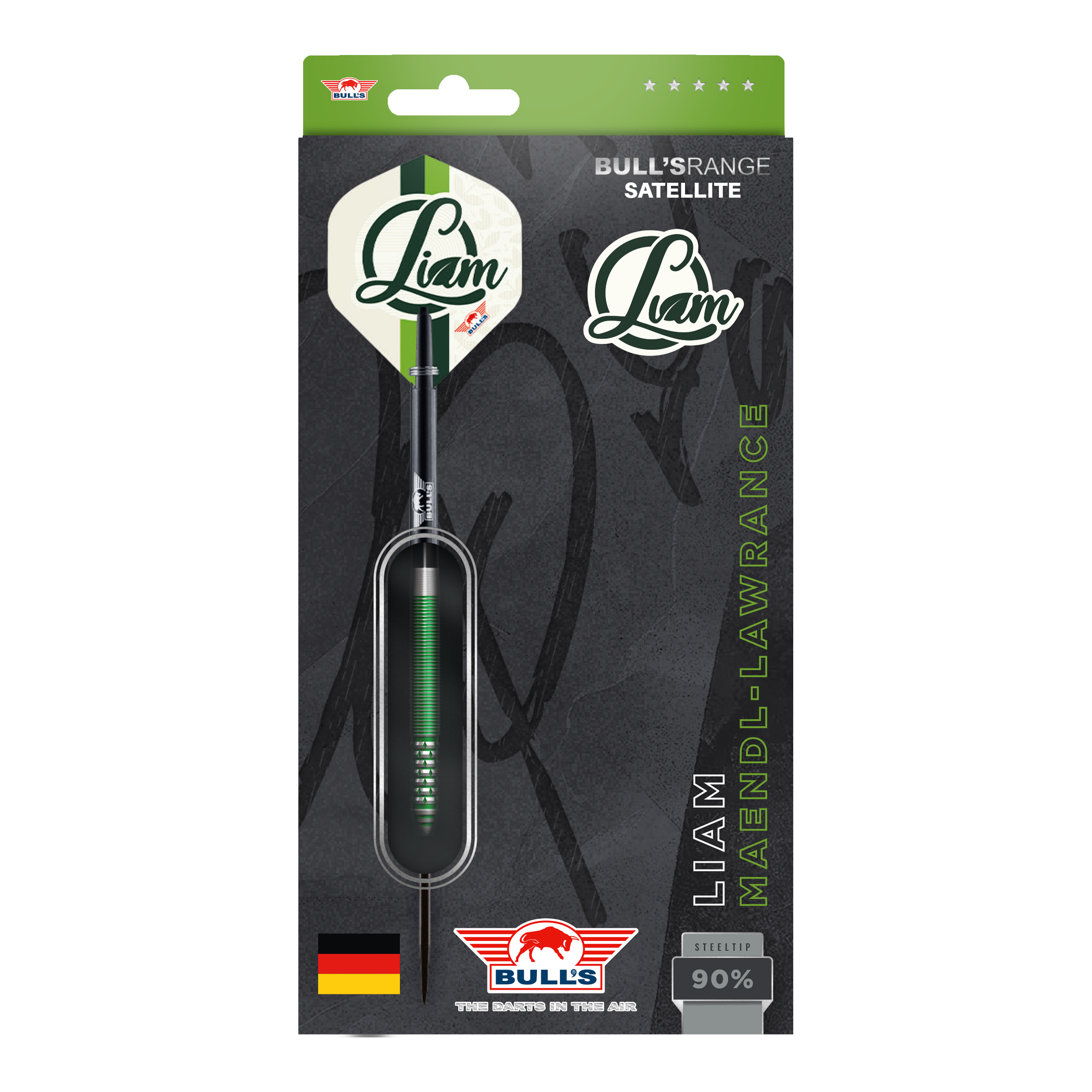 Bulls NL Liam Maendl Lawrance Steeldarts - 23g Das Bild zeigt die Verpackung der Bulls NL Liam Maendl Lawrance Steeldarts mit einem Gewicht von 23g. Das Design ist überwiegend schwarz und grün mit dem Namen „Liam“ und einer deutschen Flagge unten links.