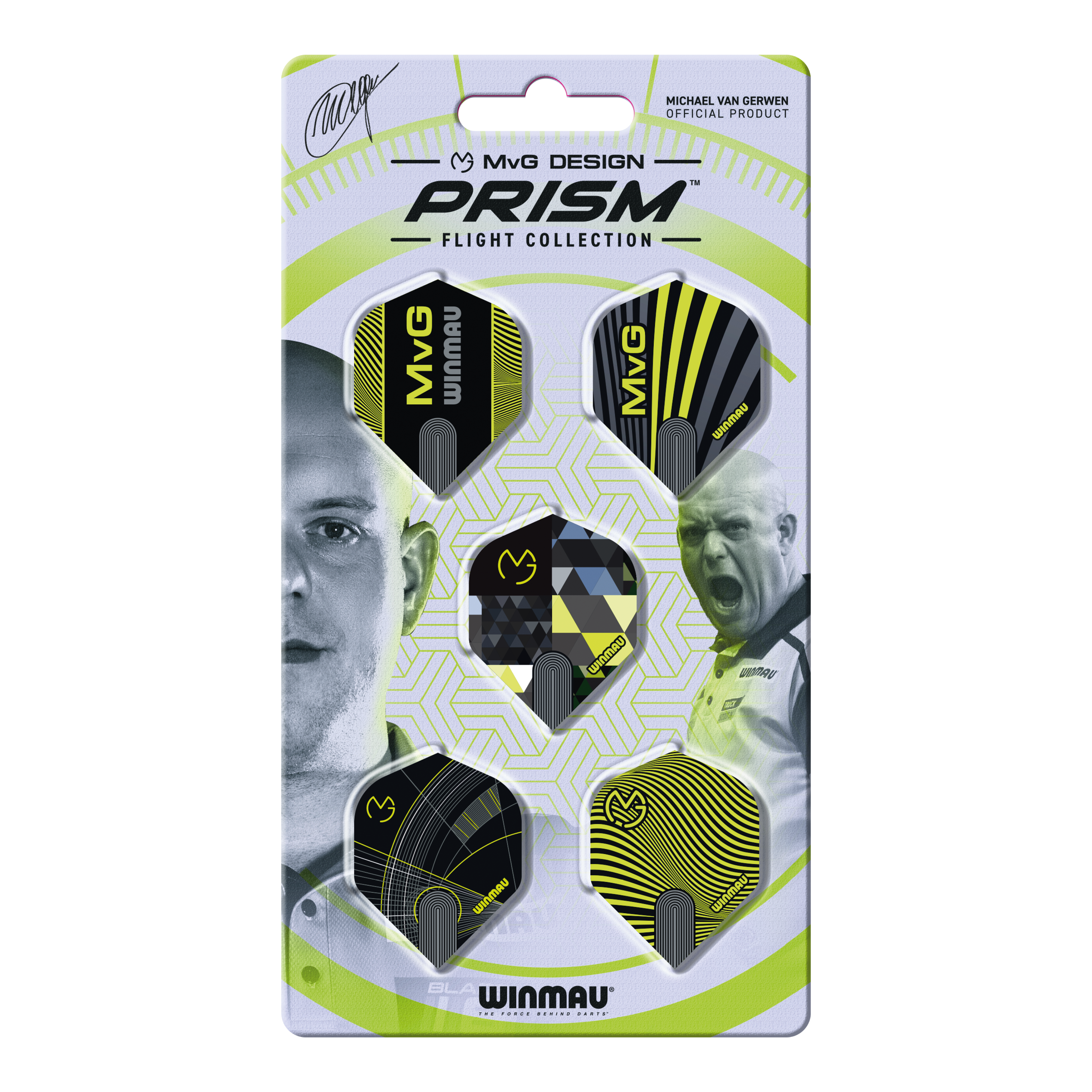 Hier ist die Winmau Michael Van Gerwen Prism No2 Standard Flight Collection zu sehen. Die Sammlung bietet verschiedene Dart Flights.